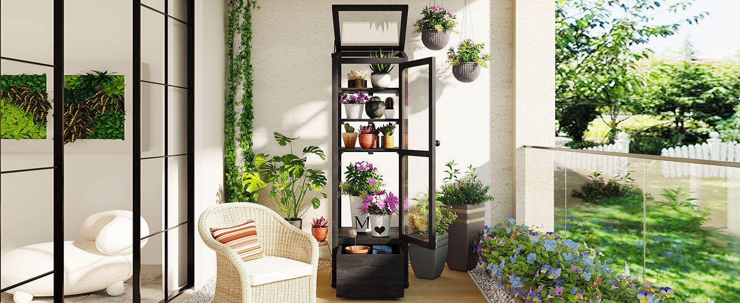 62.4Inch Height Wood Garden Greenhouse Balcony Portable Mini Cold Frame With Movable Storage Box And Adjustable Shelves For Outdoor Indoor Use, Black Black Garden & Outdoor Casual Wood