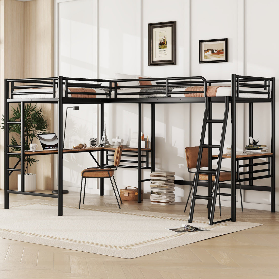 Twin Size Metal Loft Bed With Two Built In Desks,Black Twin Black Metal