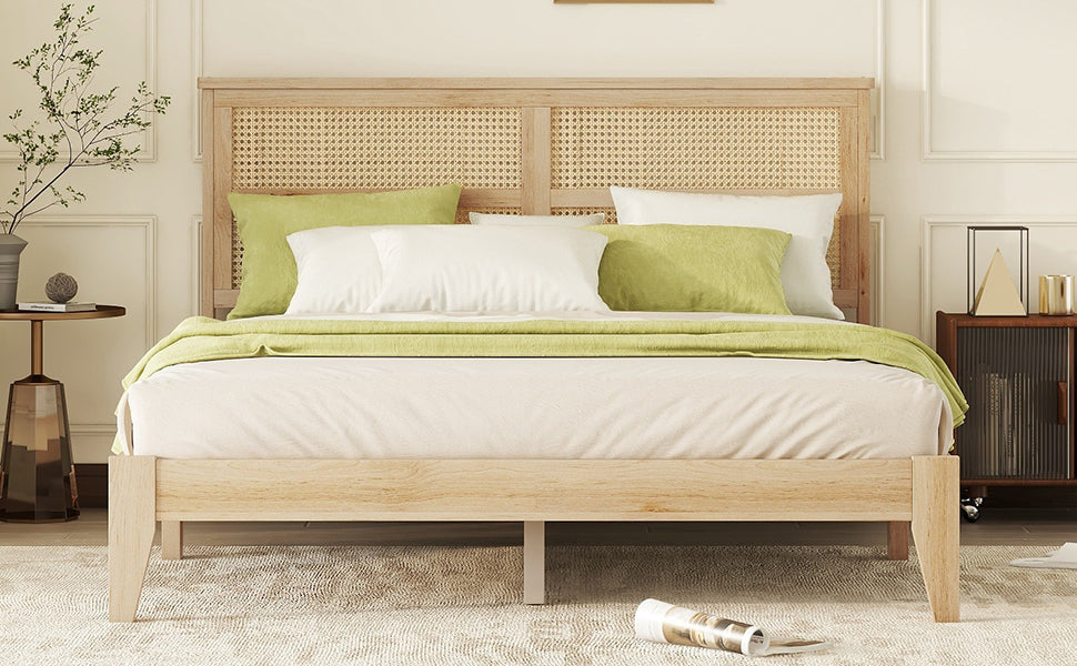 Queen Size Rubber Wooden, Solid Wooden Bed With Rattan Headboard, Enhanced By Support Feet Queen Natural American Design Rubber Wood