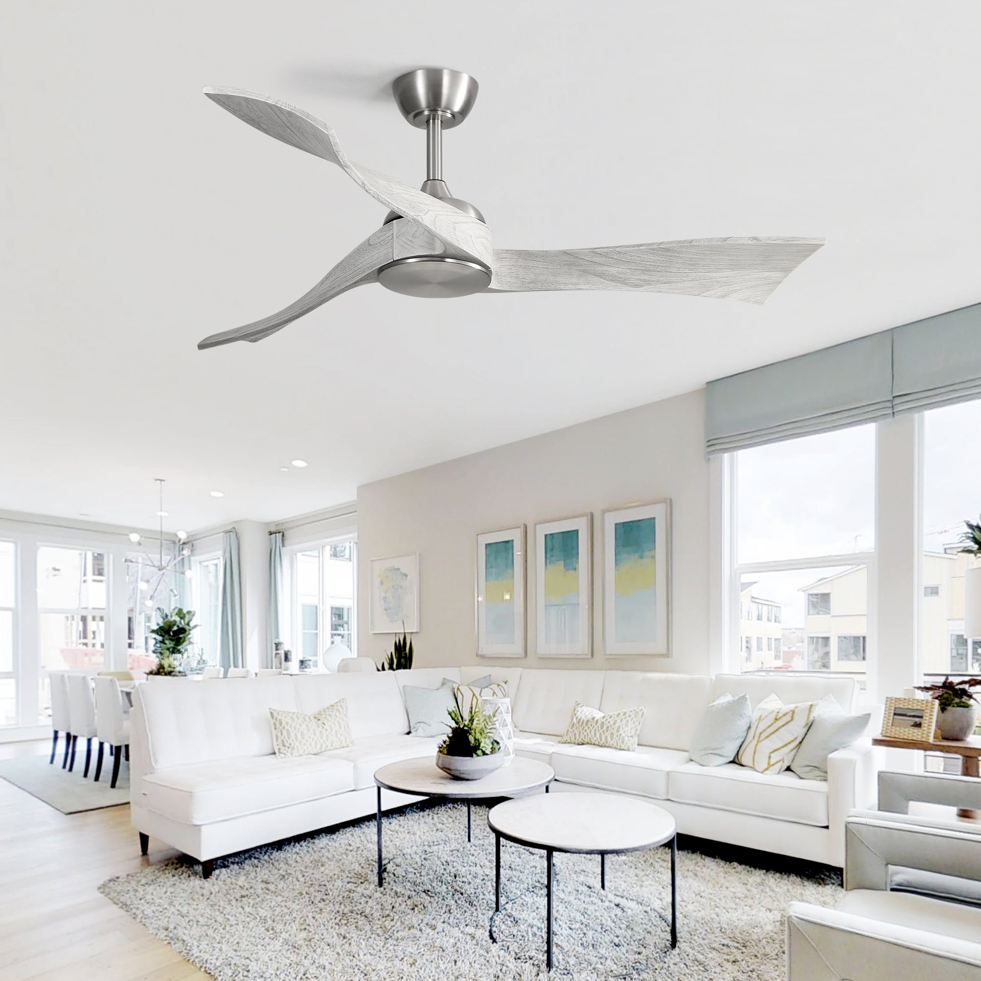 52 Inch Ceiling Fan Without Light 6 Wind Speed Timing Function 3 Solid Wood Blade Reversible Dc Motor Brushed Nickel Metal & Wood