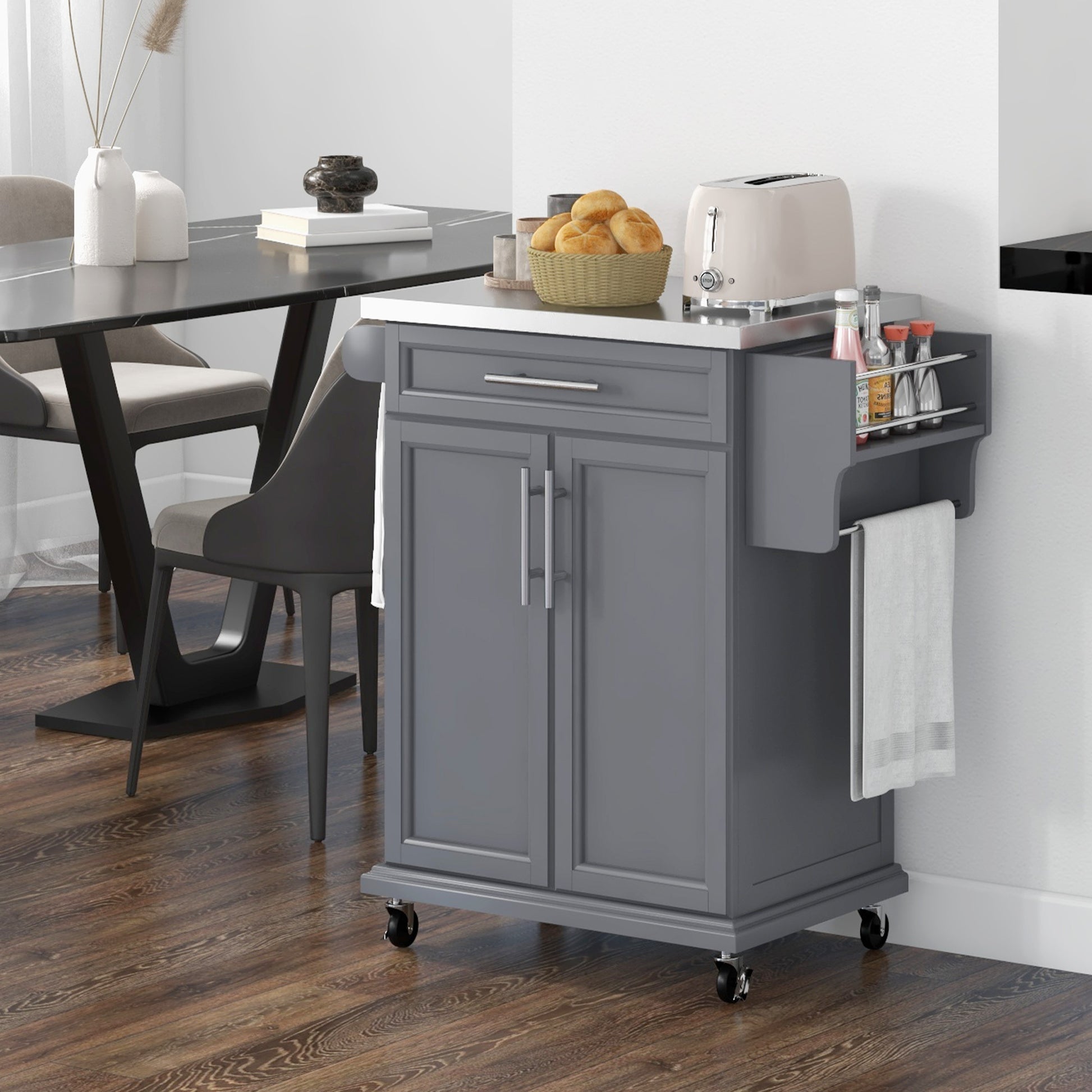 Homcom Kitchen Island On Wheels, Rolling Kitchen Cart With Stainless Steel Countertop, Drawer, Towel Rack And Spice Rack, Utility Storage Trolley, Gray Grey Wood