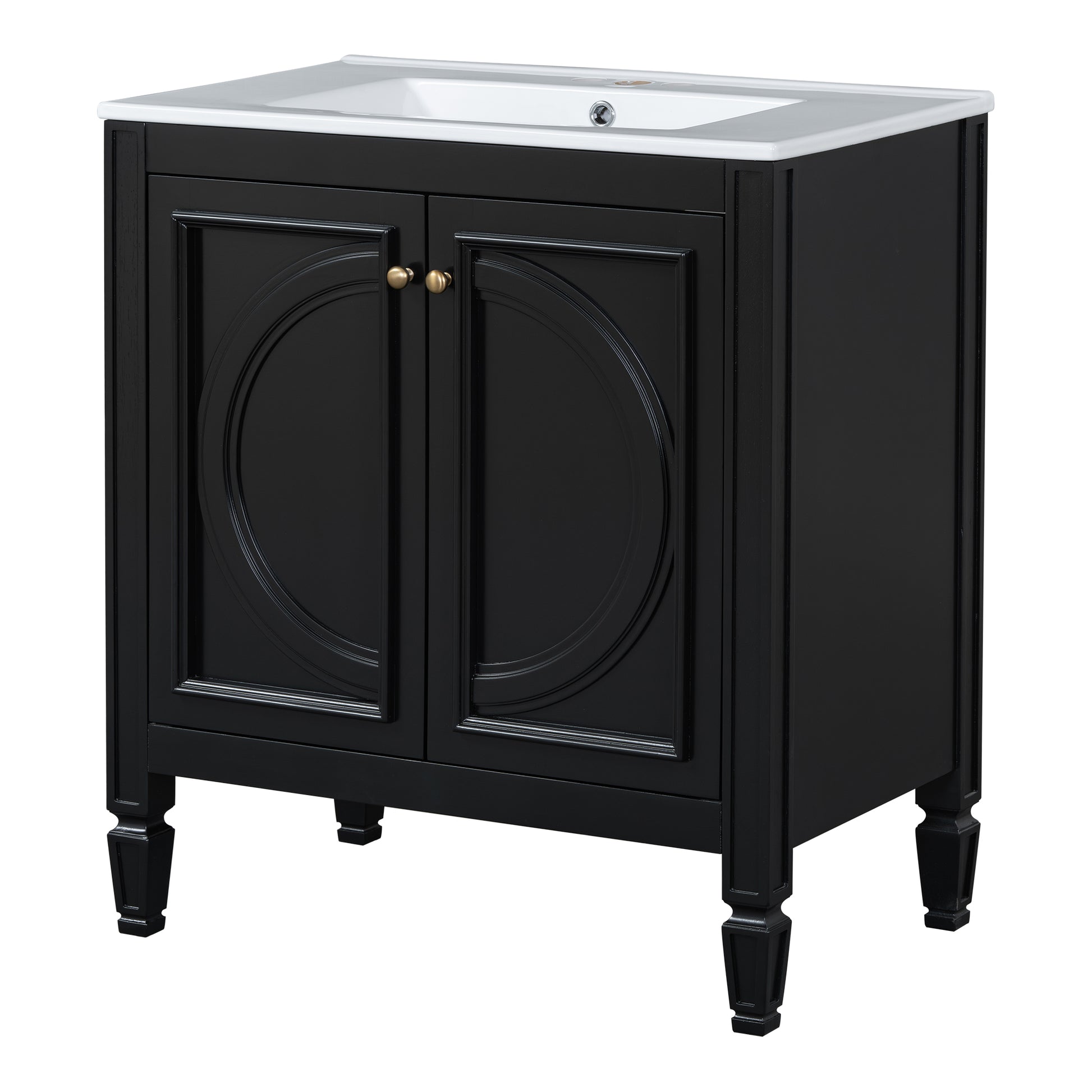 30" Bathroom Vanity With Sink, Two Doors With Shelf, Soft Close Door Hinges, Vintage Style, Black Black Ceramic Mdf,Rubber Wood