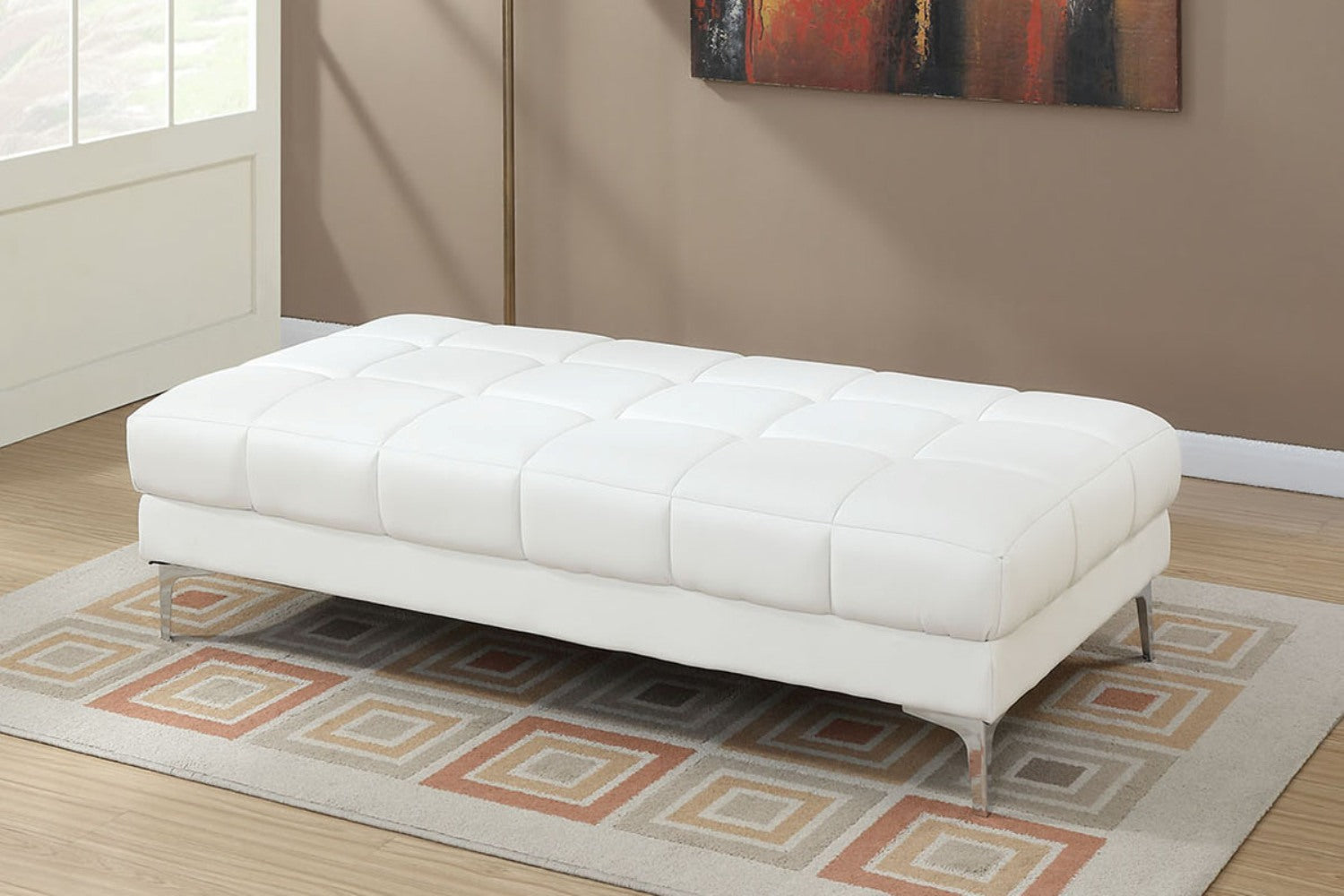 White Bonded Leather Extra Large Ottoman Metal Legs 1Pc Ottoman Living Room White Faux Leather Primary Living Space White Geometric Contemporary,Modern Rectangle Tufted Bonded Leather