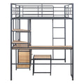 Full Size Loft Bed With Desk And Stool, Metal Loft Bed With Open Style Wardrobe, Shelves And Cabinet, Black Full Black Metal & Wood