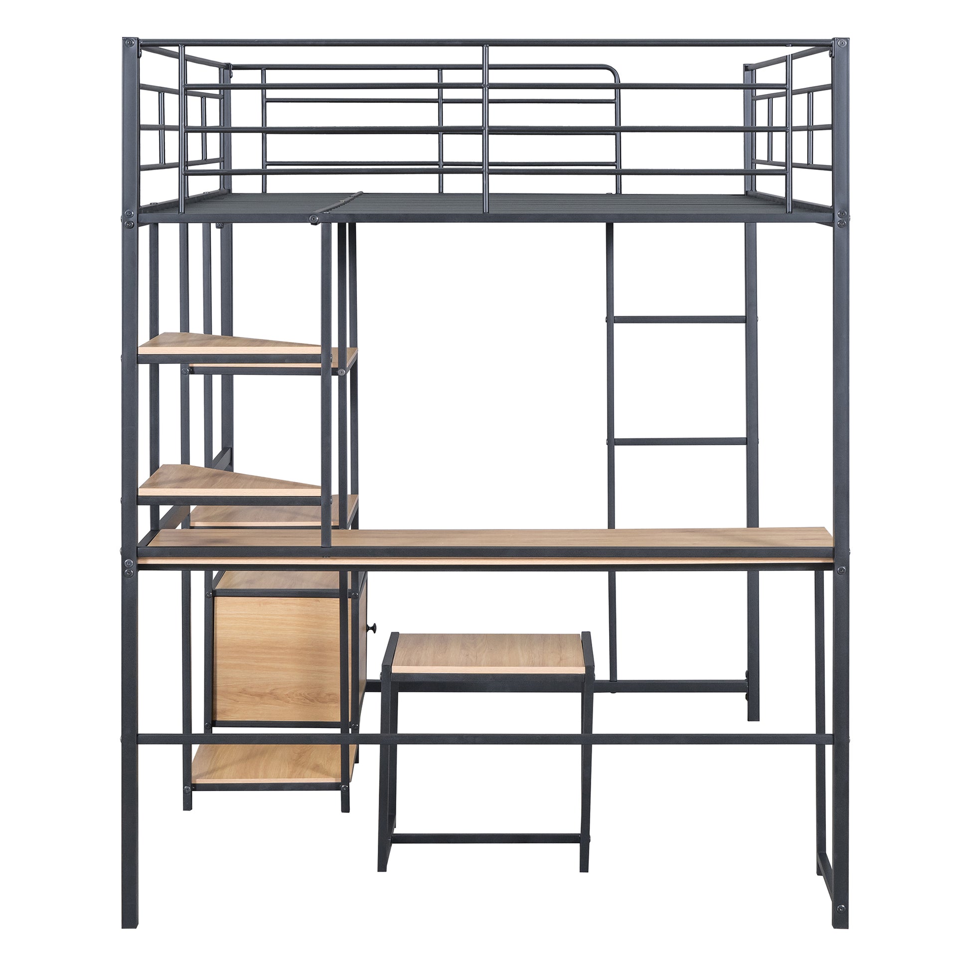 Full Size Loft Bed With Desk And Stool, Metal Loft Bed With Open Style Wardrobe, Shelves And Cabinet, Black Full Black Metal & Wood