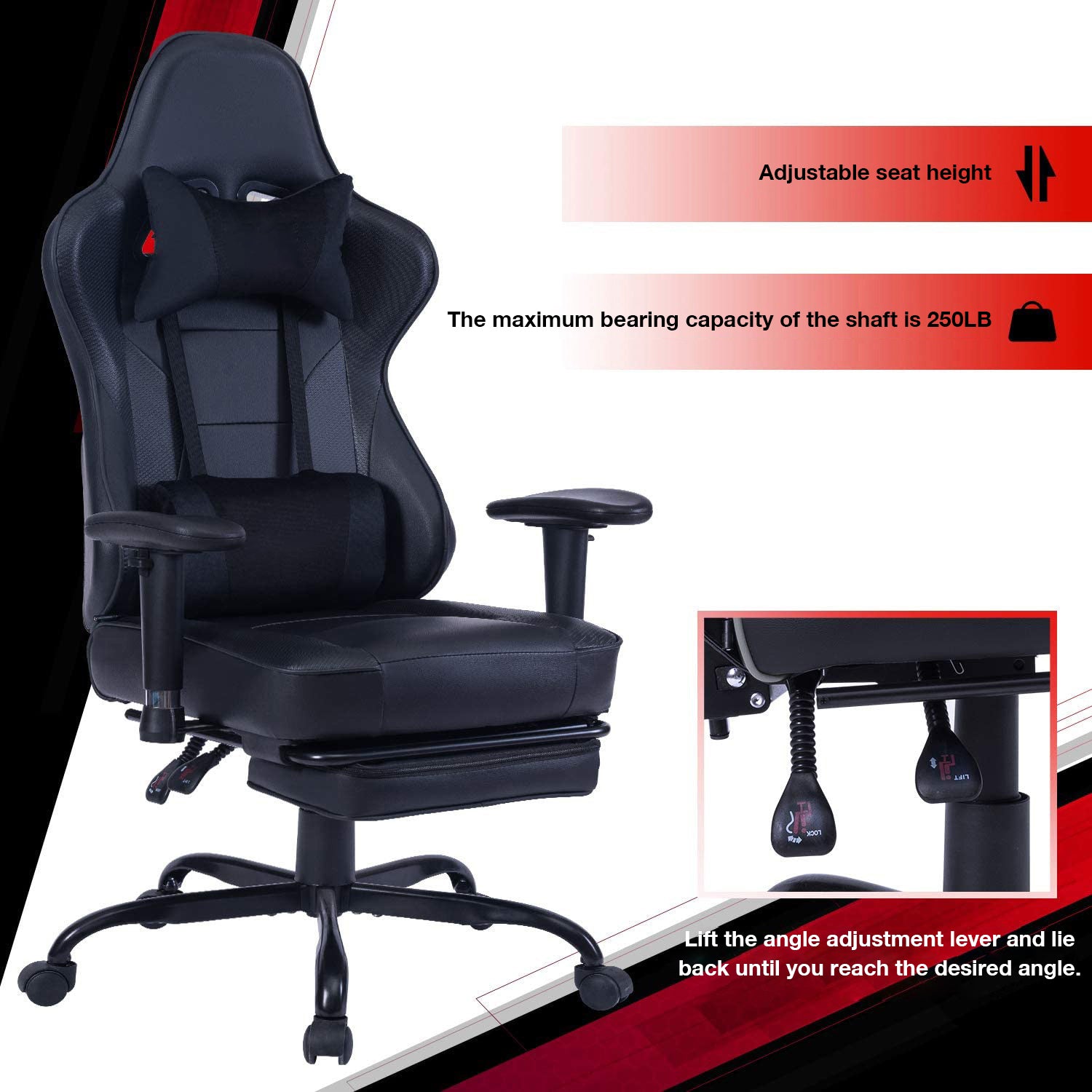 Game Chair, Ergonomiy Designed Computer Chair With Headrest And 2D Armrests, Waist Pillow Electronic Lounge Chair With Vibration Massage Function, Competitive Chair Iron Black Cotton Leather