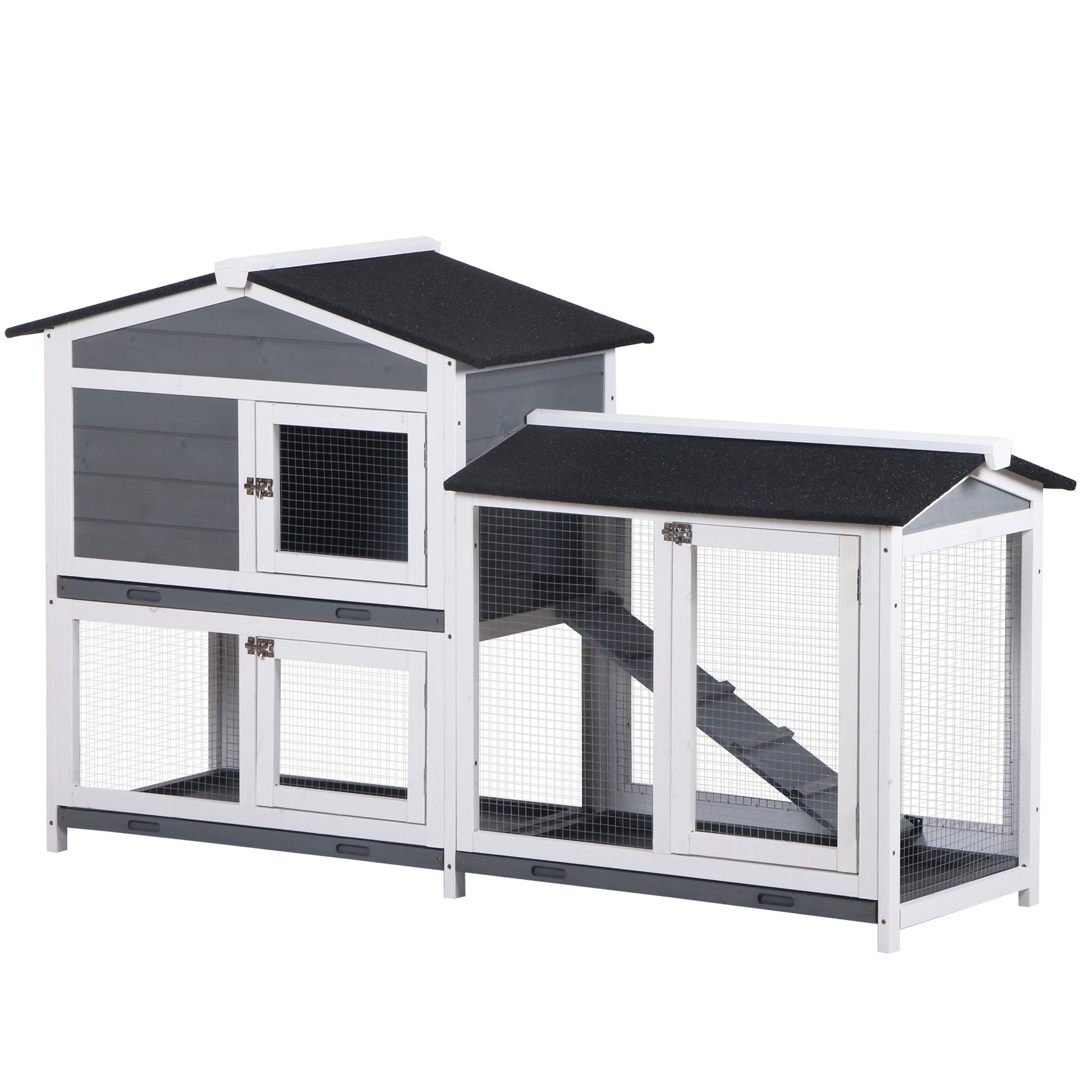 Pawhut 62" Rabbit Hutch, Wooden Bunny Hutch, Guinea Pig Cage, Small Animal Enclosure With Run Area, Removable Tray, Asphalt Roof, Lockable Doors And Ramp, Gray Grey Wood