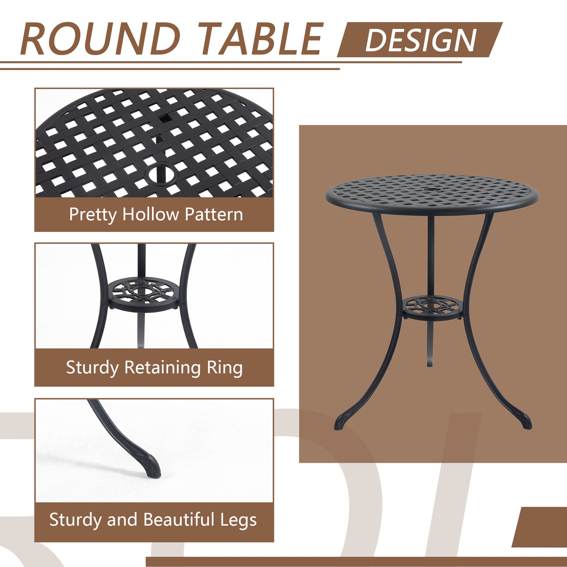 3 Piece Bistro Table Set Cast Aluminum Outdoor Patio Furniture With Umbrella Hole Patio Balcony, Black Black Aluminium