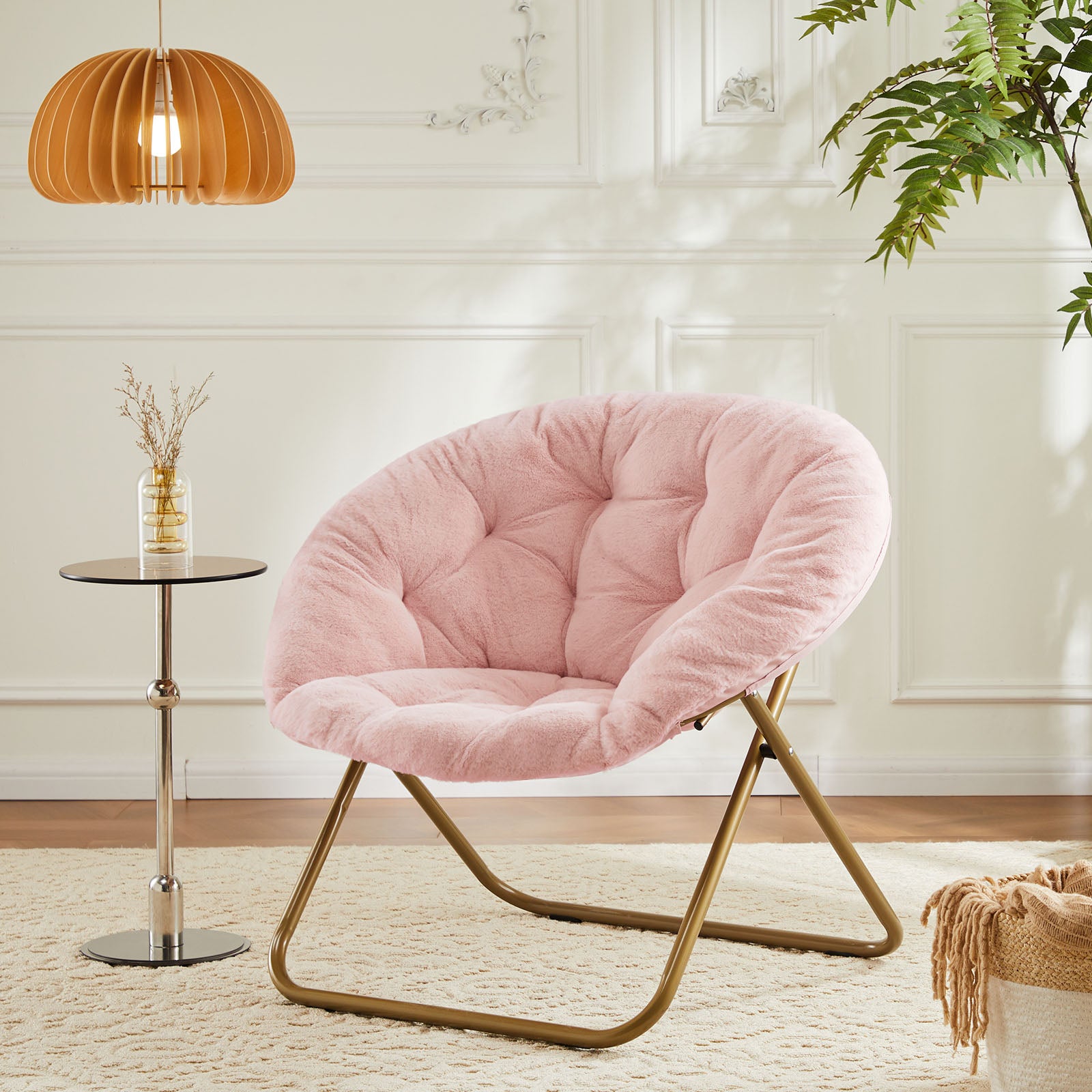 Cozy Saucer Chair Faux Fur Metal Frame Anti Slip Leg For Living Room Bedroom, Large, Pink Pink Fabric Metal