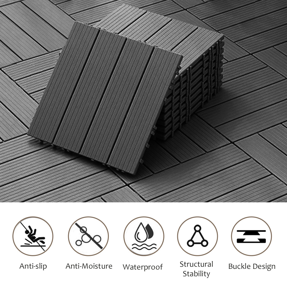 Plastic Composite Deck Tiles Set Of 35Pcs, Composite Decking Resist Rust, Water, Weather, Indoor&Outdoor, Easy To Diy & Maintain, Ideal For Patios, Balconies, Rooftops, Decks, 12X12In Dark Grey Dark Grey Modern Plastic Plastic