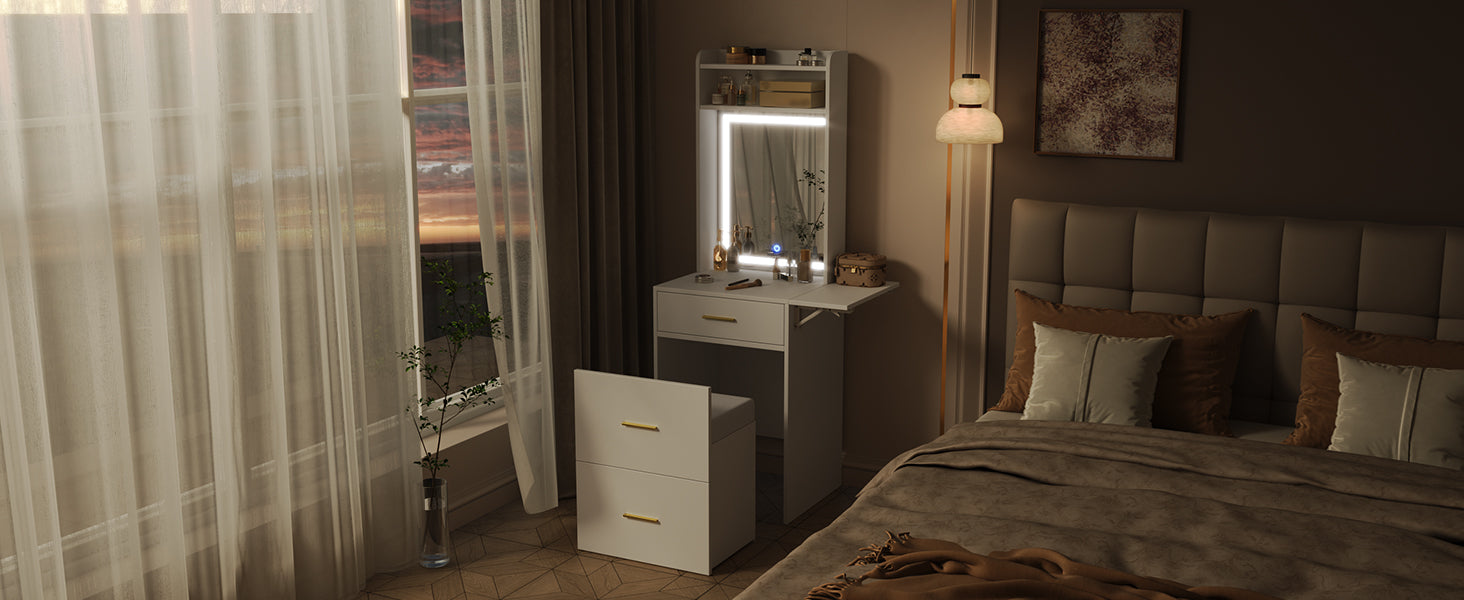 Small Vanity Desk With Mirror And Light, Dressing Table With Charging Station & Fold Up Panel For Small Space, Compact Makeup Vanity Set With Hidden Stool For Bedroom, White White Mdf,Tempered Glass
