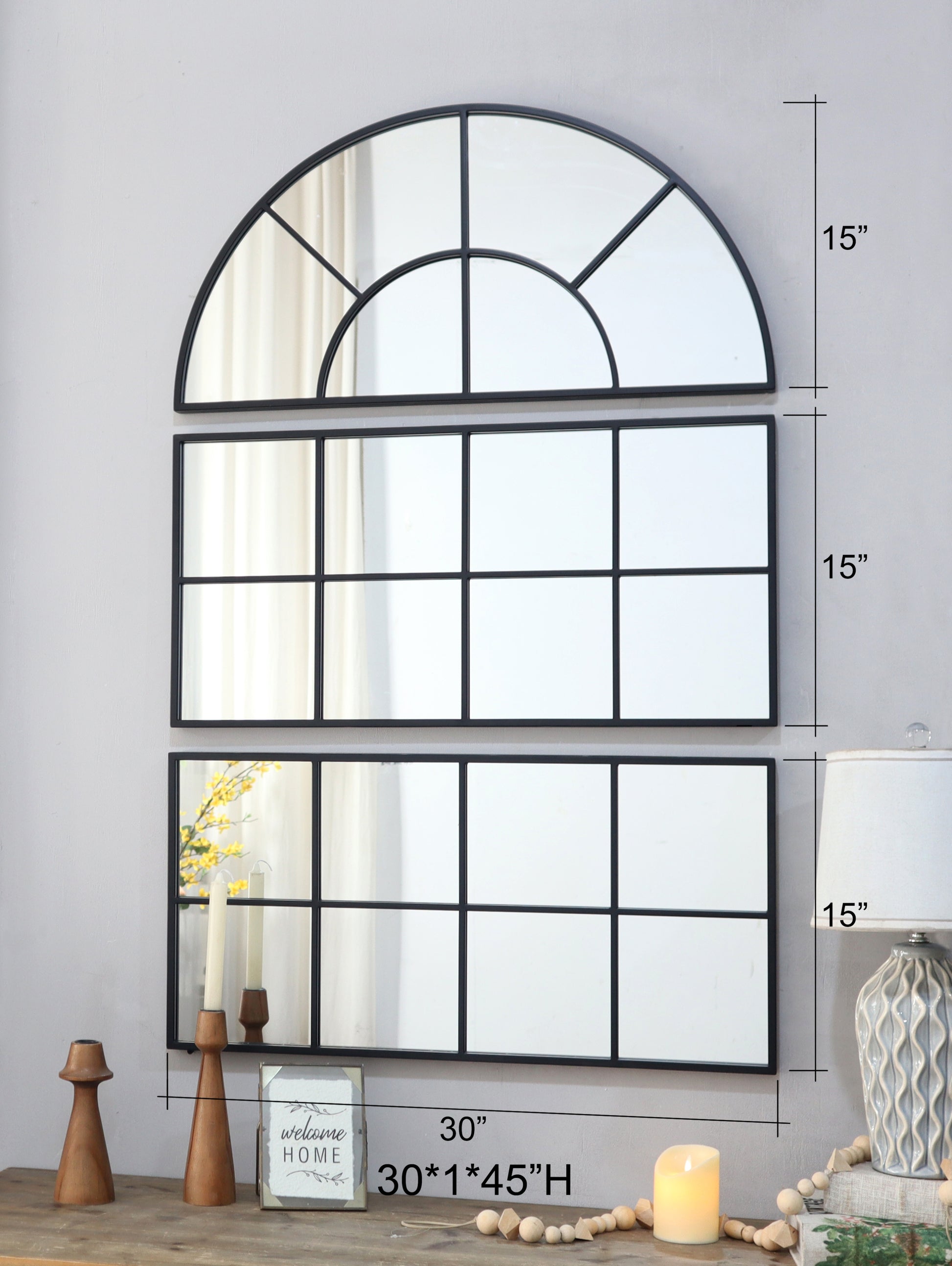 30" X 45" Large Arched Wall Mirror With Three Separate Sections Black Glass Metal