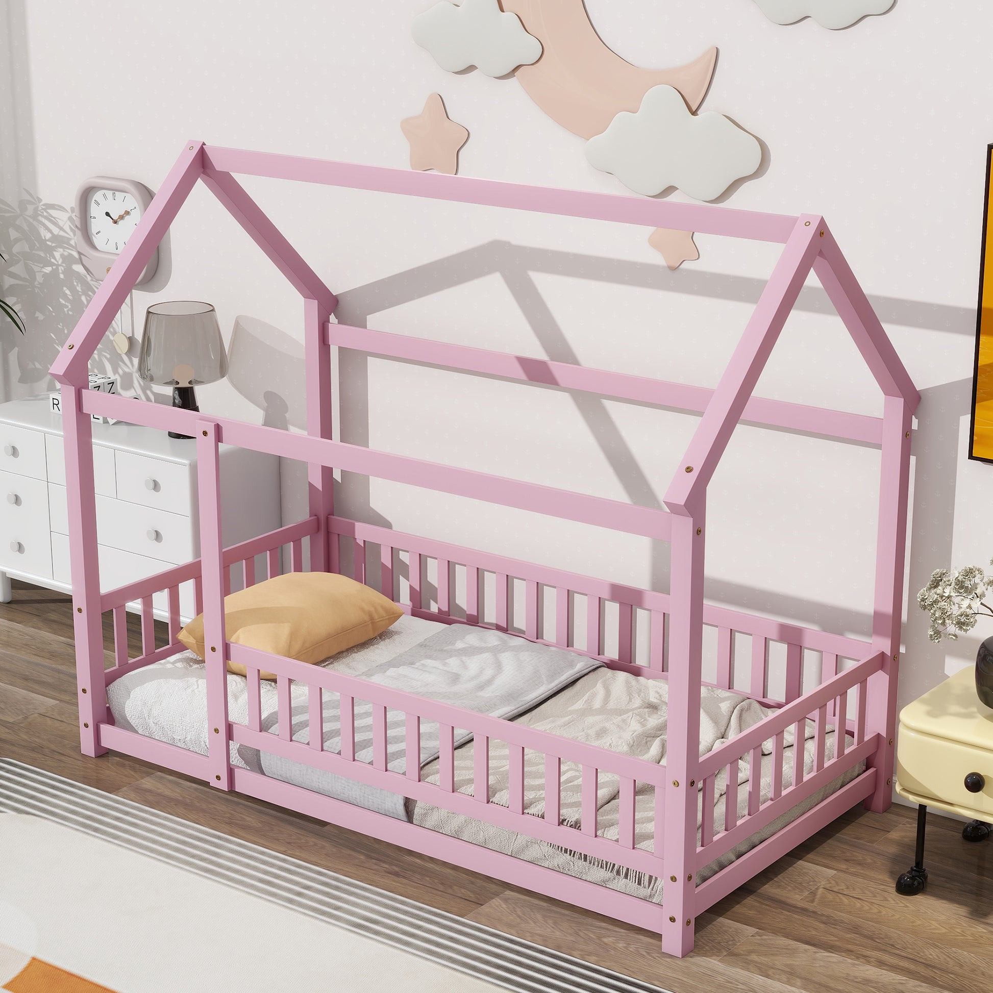 Twin Size Floor Wooden Bed With House Roof Frame, Fence Guardrails,Pink Twin Pink Pine