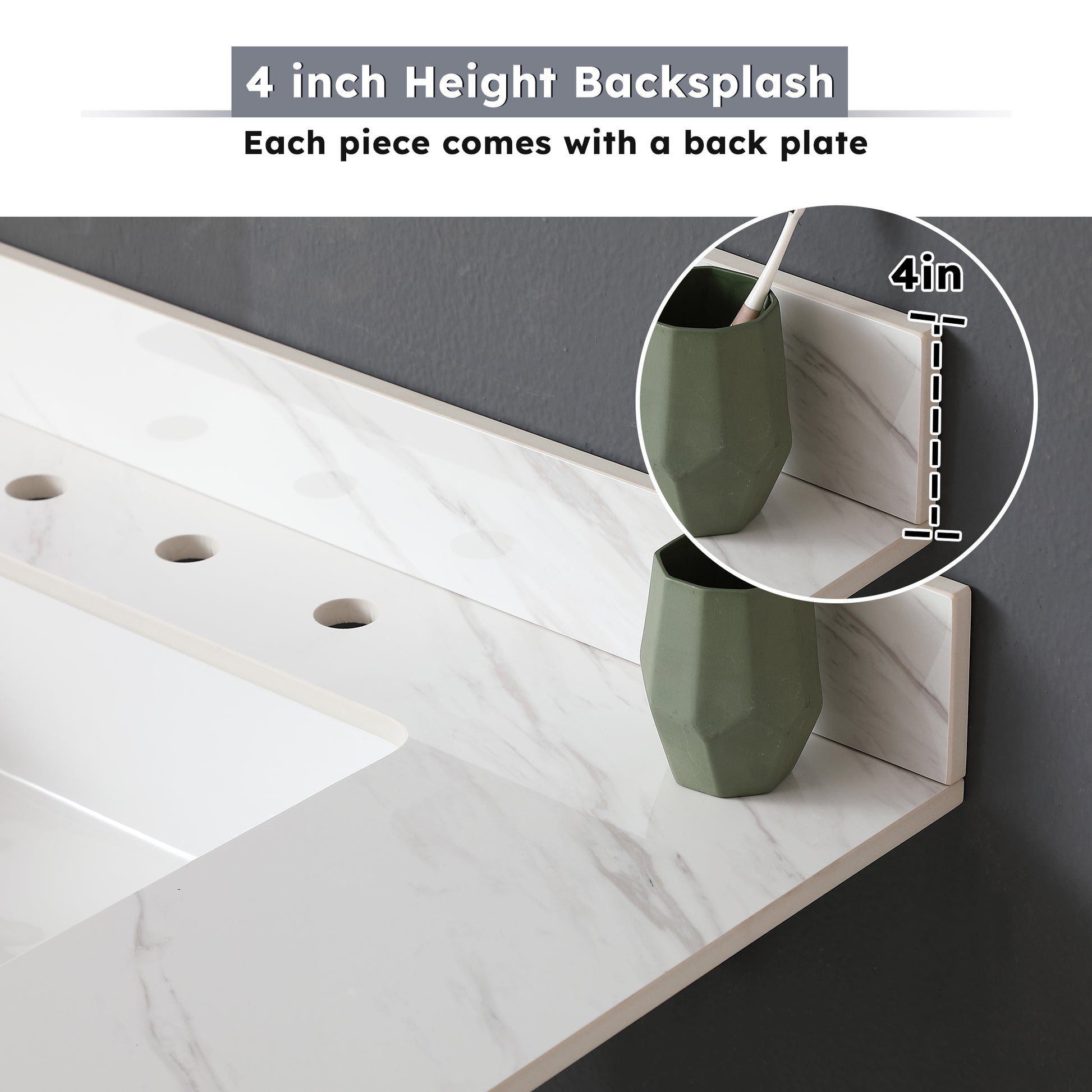 37 Inch Marble Vanity Top, White Vanity Top With Pre Drilled Faucet Holes, Bathroom Vanity Top With Undermount Rectangular Middle Sink And 4" Height Backsplash, Bianco Carrara Venato White Bathroom Sintered Stone
