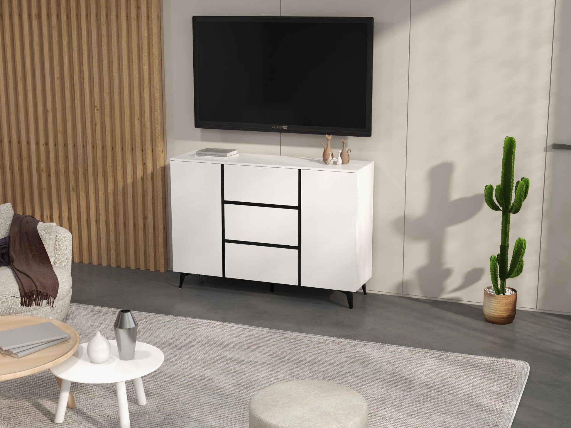 3 Drawers And 2 Doors Light Luxury Sideboard Buffet Cabinet White Wood