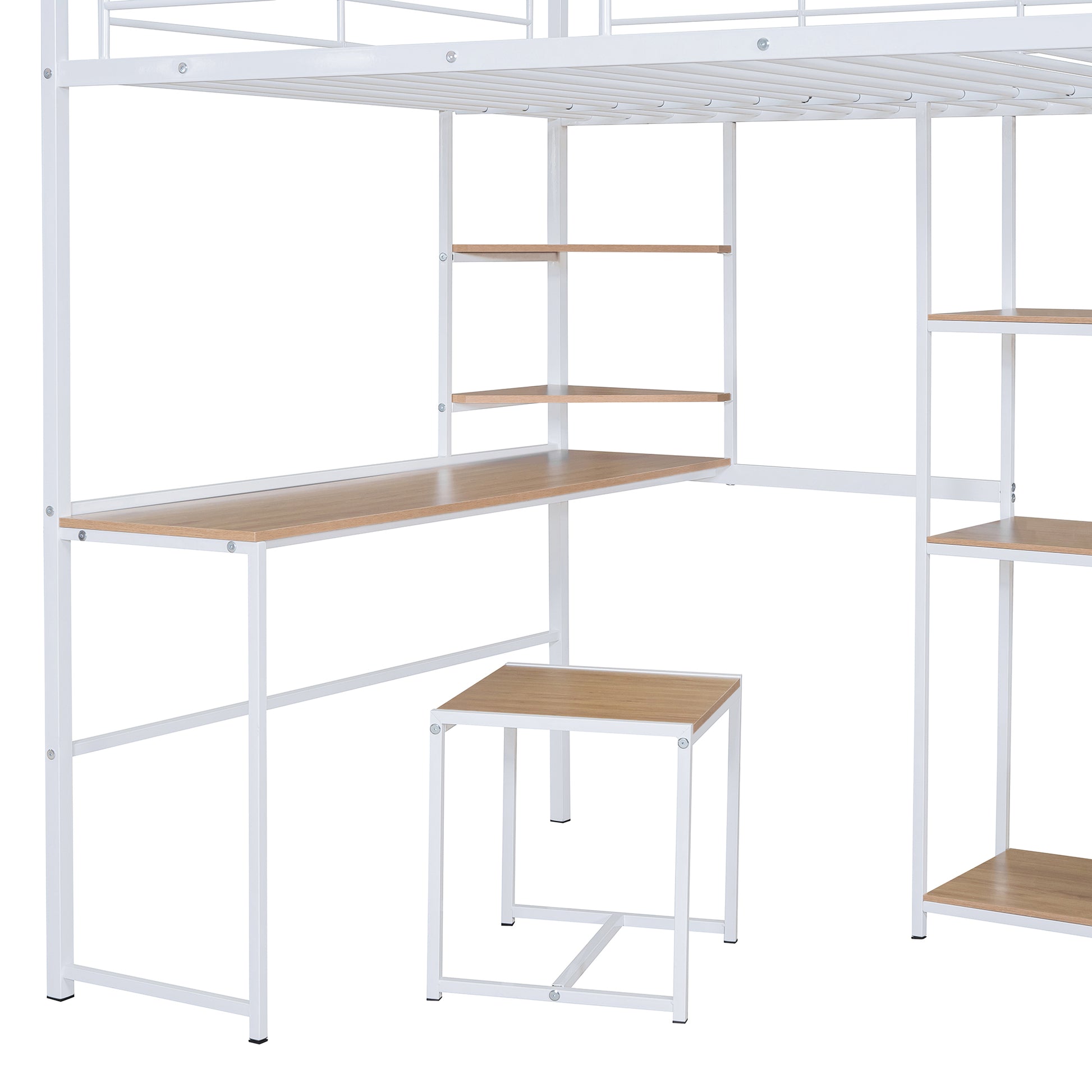 Full Size Loft Bed With Desk And Stool, Metal Loft Bed With Open Style Wardrobe, Shelves And Cabinet, White Full White Metal & Wood