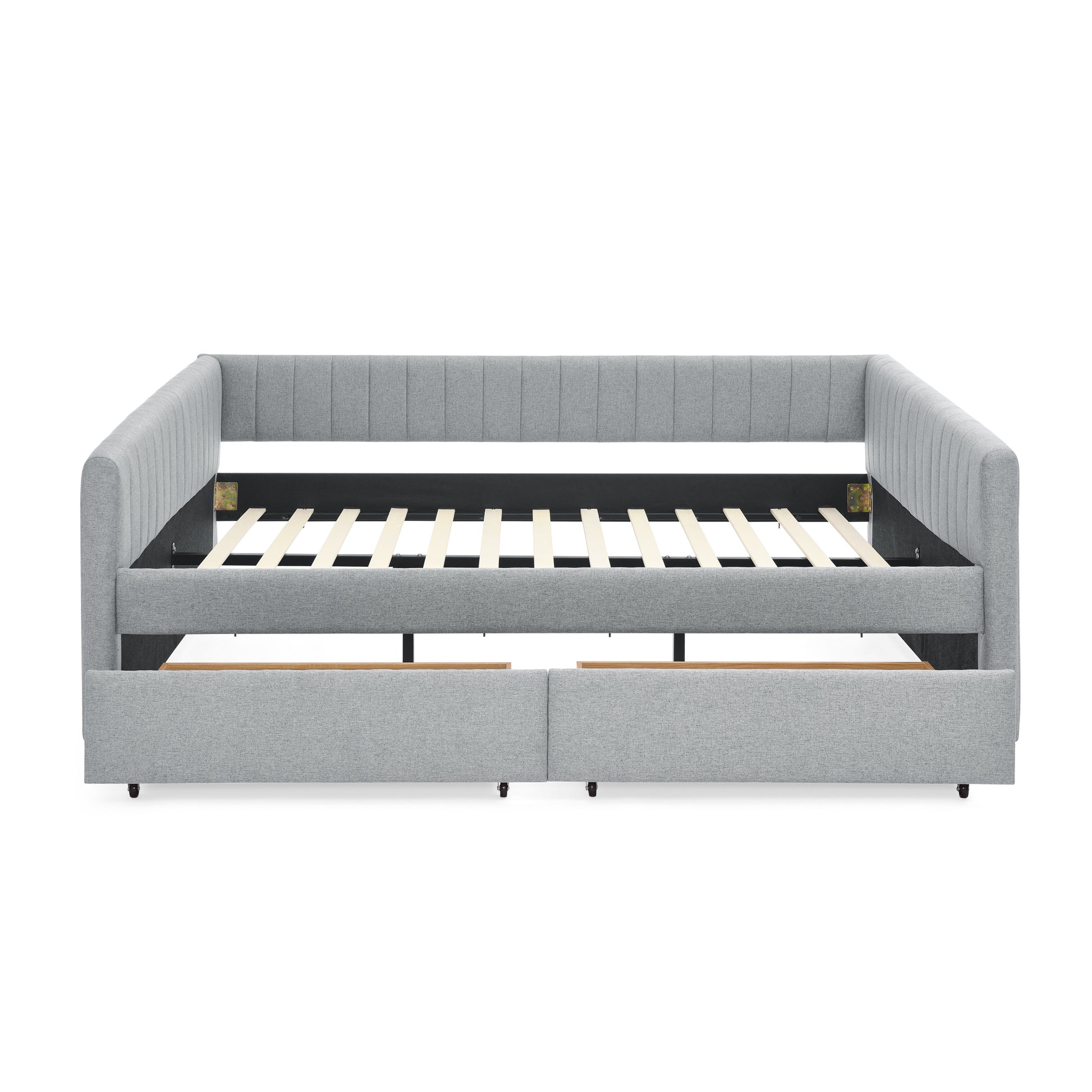 Queen Size Daybed With Two Drawers Trundle Upholstered Sofa Bed, With Vertical Stripes Linen Fabric, Grey 86.5"X65"X30" Grey Linen