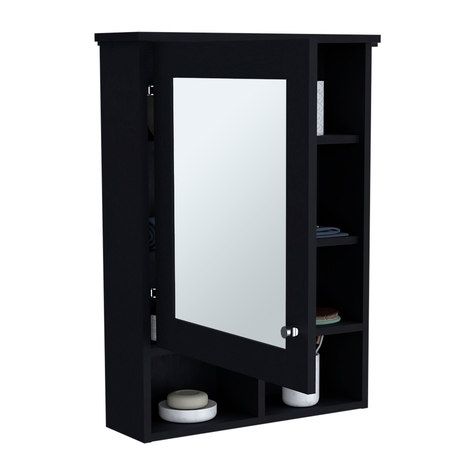 Vina Medicine Cabinet With Mirror Door 29" High Cabinet Organizer With Three Concealed Shelves And Two Open Shelves For Bathroom, Kitchen, Mudroom Black 1 5 Bathroom Wall Mounted Particle Board