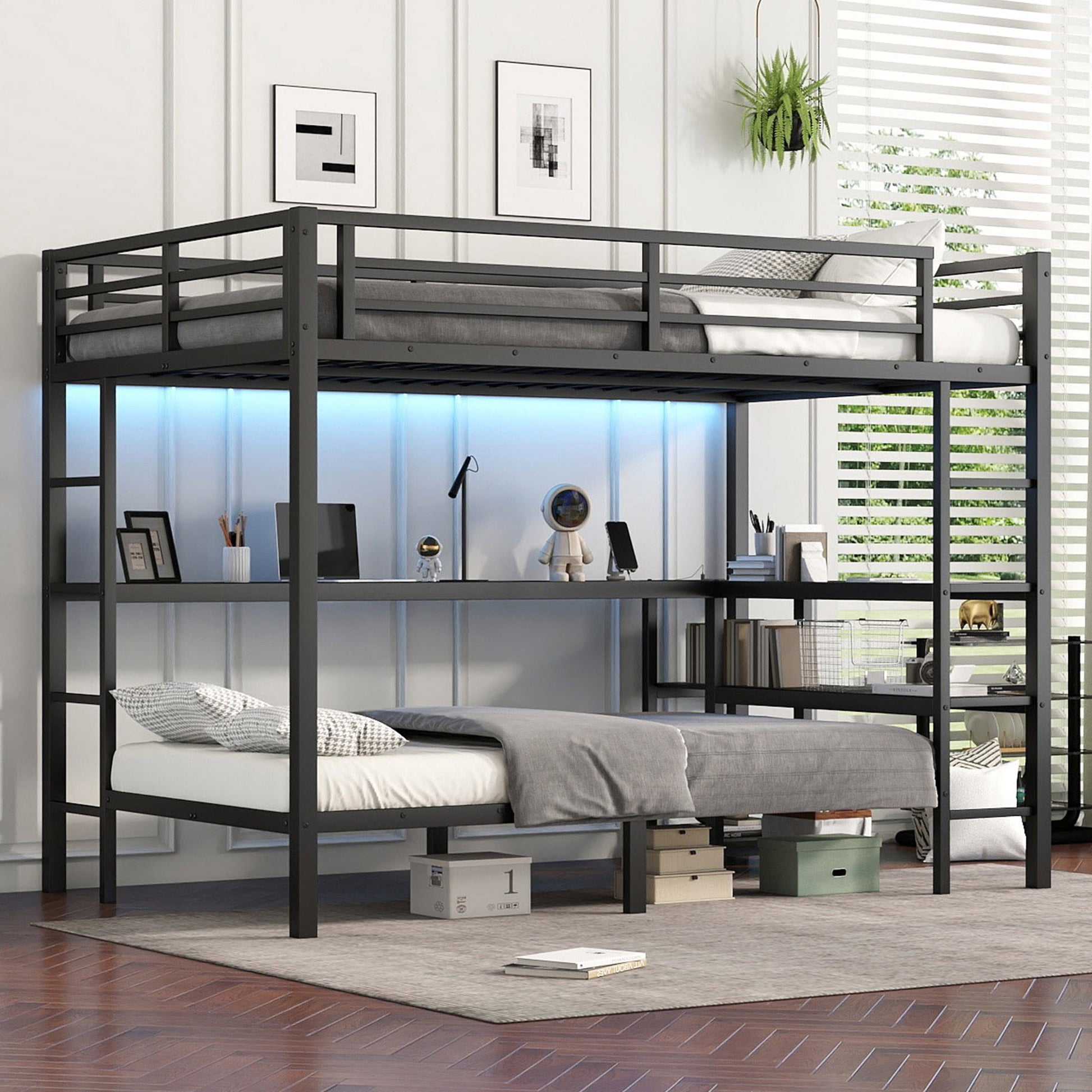 Full Xl Over Twin Bunk Bed With Desk And Shelves, Multiple Placement, With Led And Usb, Black Black Metal