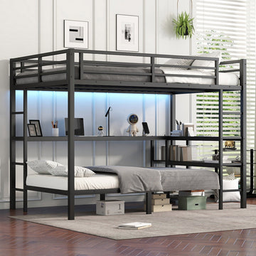 Full Xl Over Twin Bunk Bed With Desk And Shelves, Multiple Placement, With Led And Usb, Black Black Metal