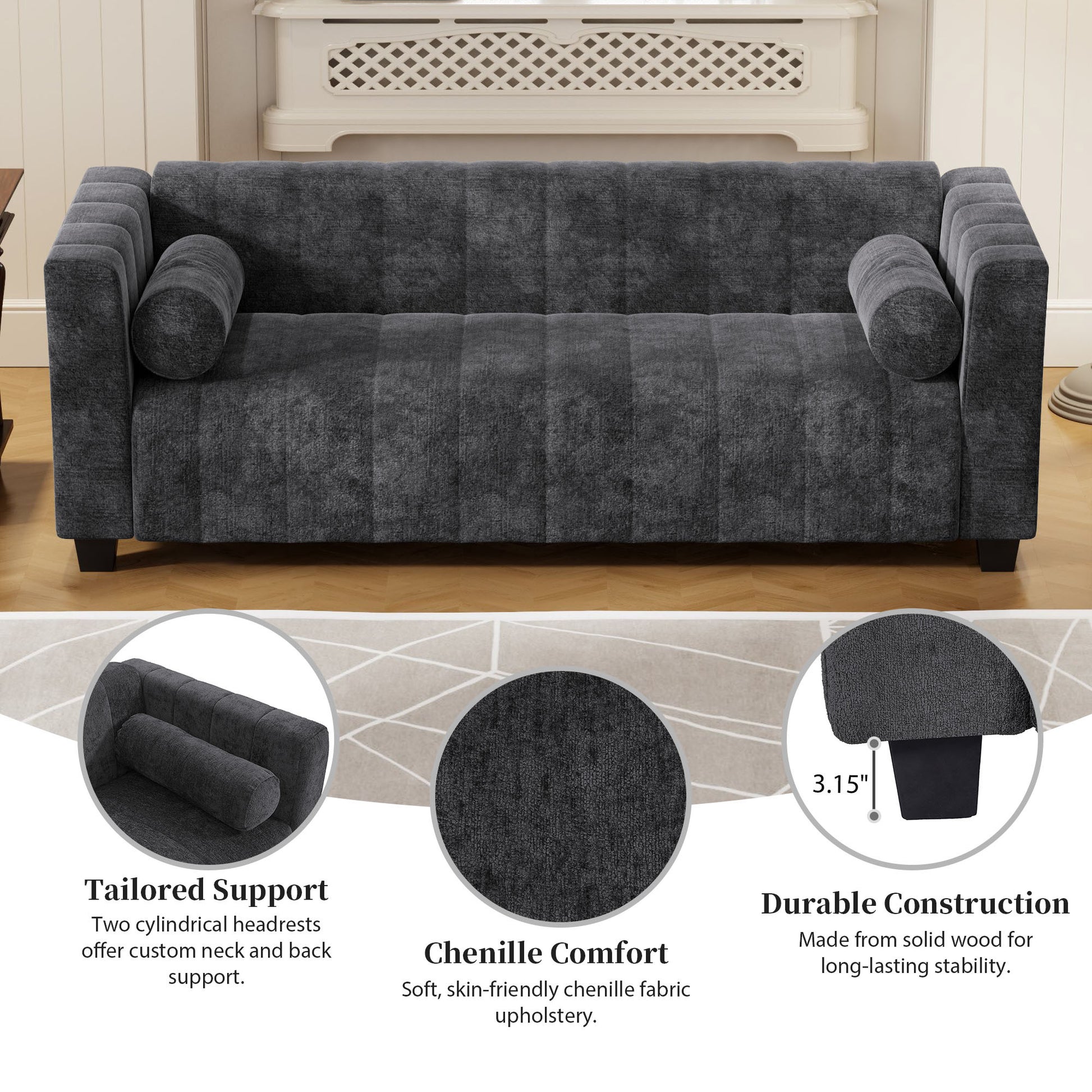 78.7''Upholstered Sofa For Living Room, Bedroom, Salon, Simplified Style Dark Gray Polyester 3 Seat