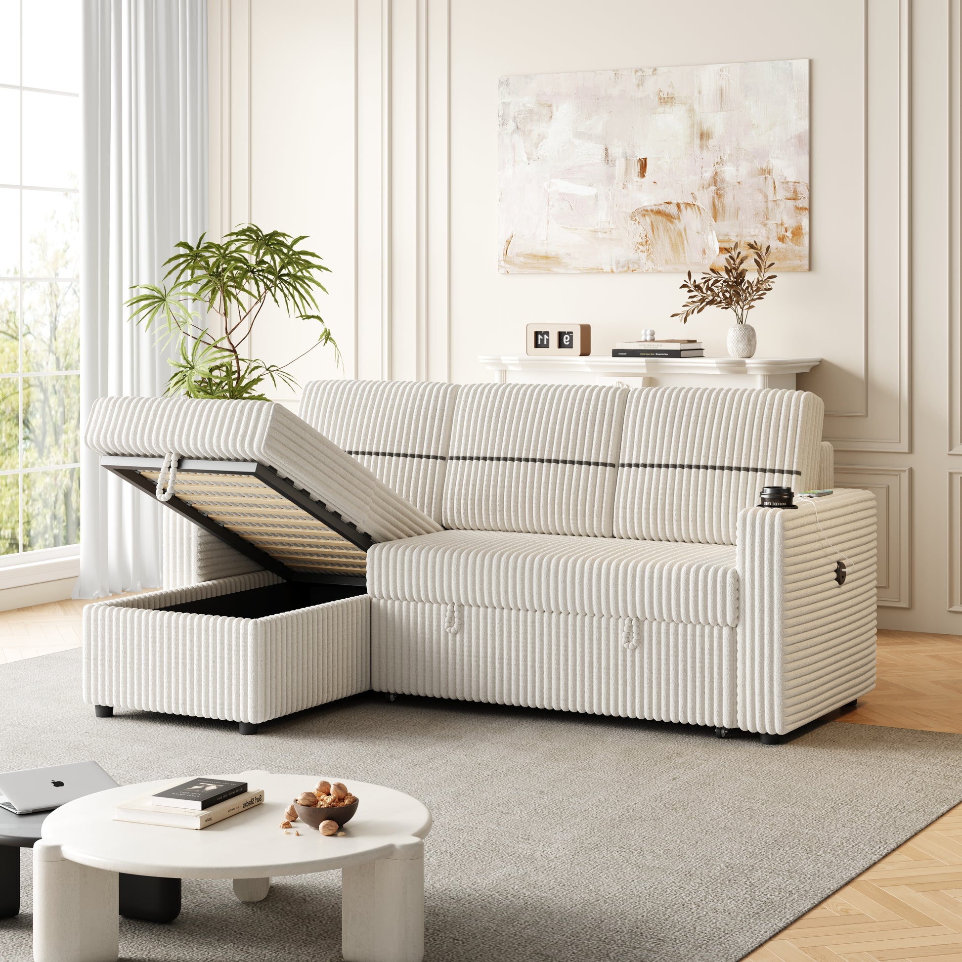 85 Inches Corduroy Sofa Bed, 3 Seater Sleeper Sofa With Storage Chaise, Square Handrail With Two Cup Holder And Usb Charge Port, Pull Out Couch For Living Room Beige Corduroy 3 Seat