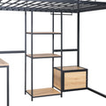 Full Size Loft Bed With Desk And Stool, Metal Loft Bed With Open Style Wardrobe, Shelves And Cabinet, Black Full Black Metal & Wood