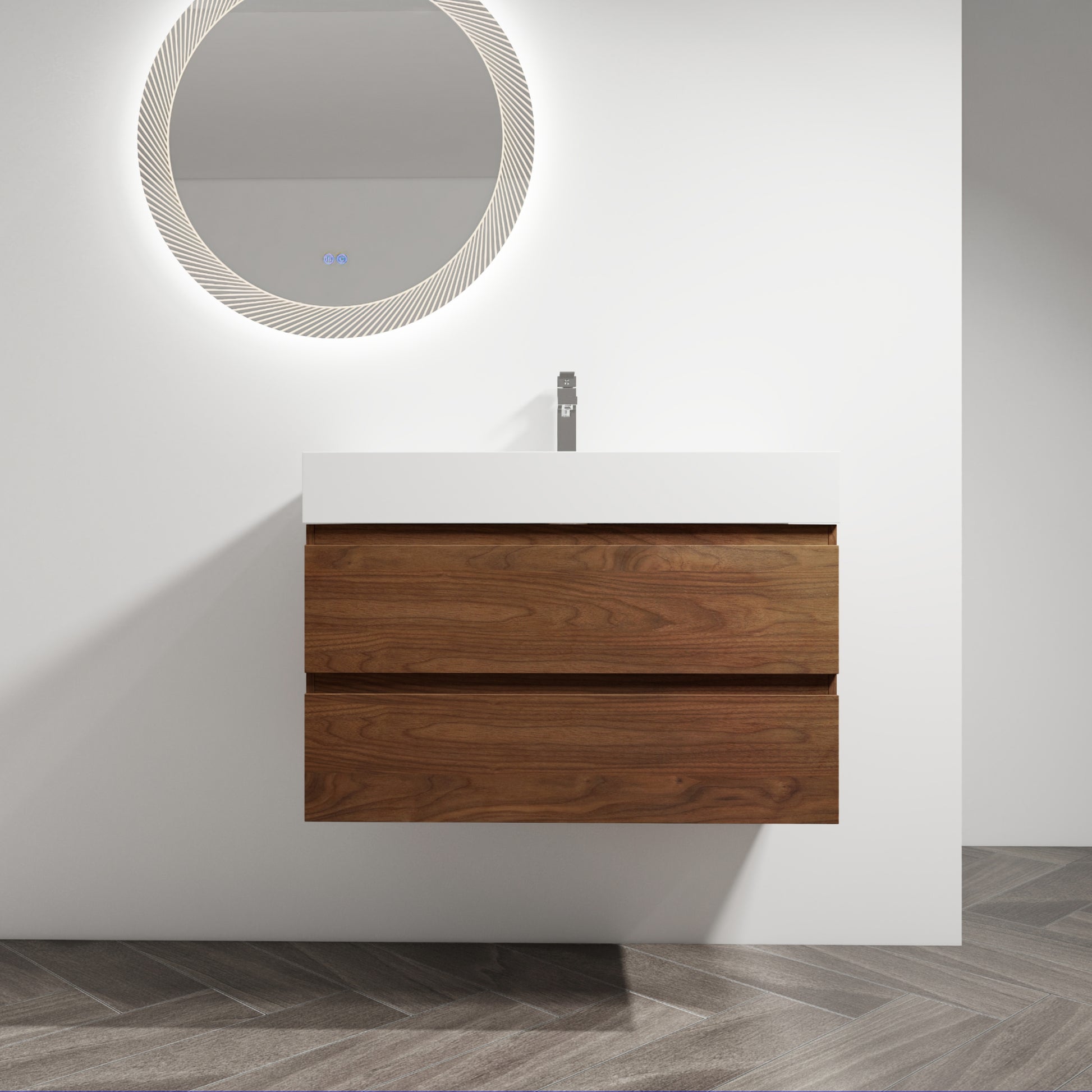 36" Wall Mounted Bathroom Vanity With Resin Sink, 2 Soft Close Drawers, Kd Package 2 Brown Oak Bathroom Wall Mounted Modern Plywood