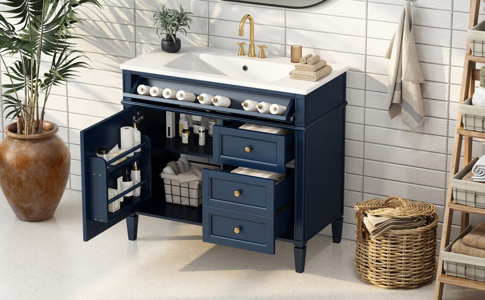 36'' Bathroom Vanity With Top Sink, Modern Bathroom Storage Cabinet With 2 Drawers And A Tip Out Drawer, Single Sink Bathroom Vanity Blue Bathroom Solid Wood Mdf Resin