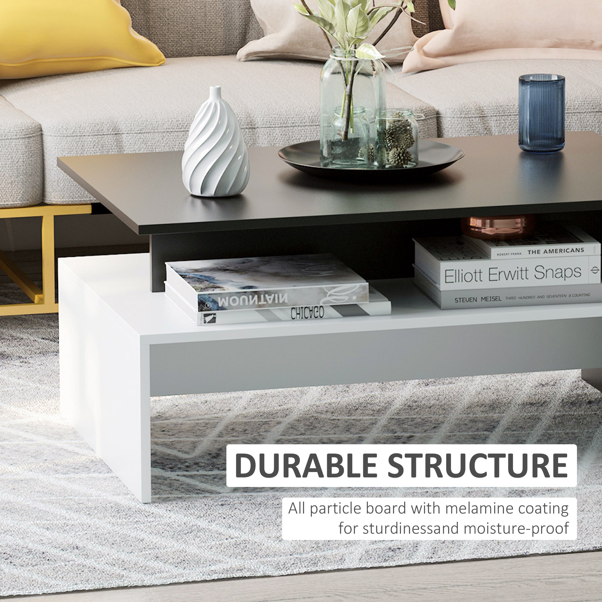 Homcom Modern Coffee Table, 2 Tier Rectangular Center Table With Storage Shelves For Living Room, Black White White Black Engineered Wood