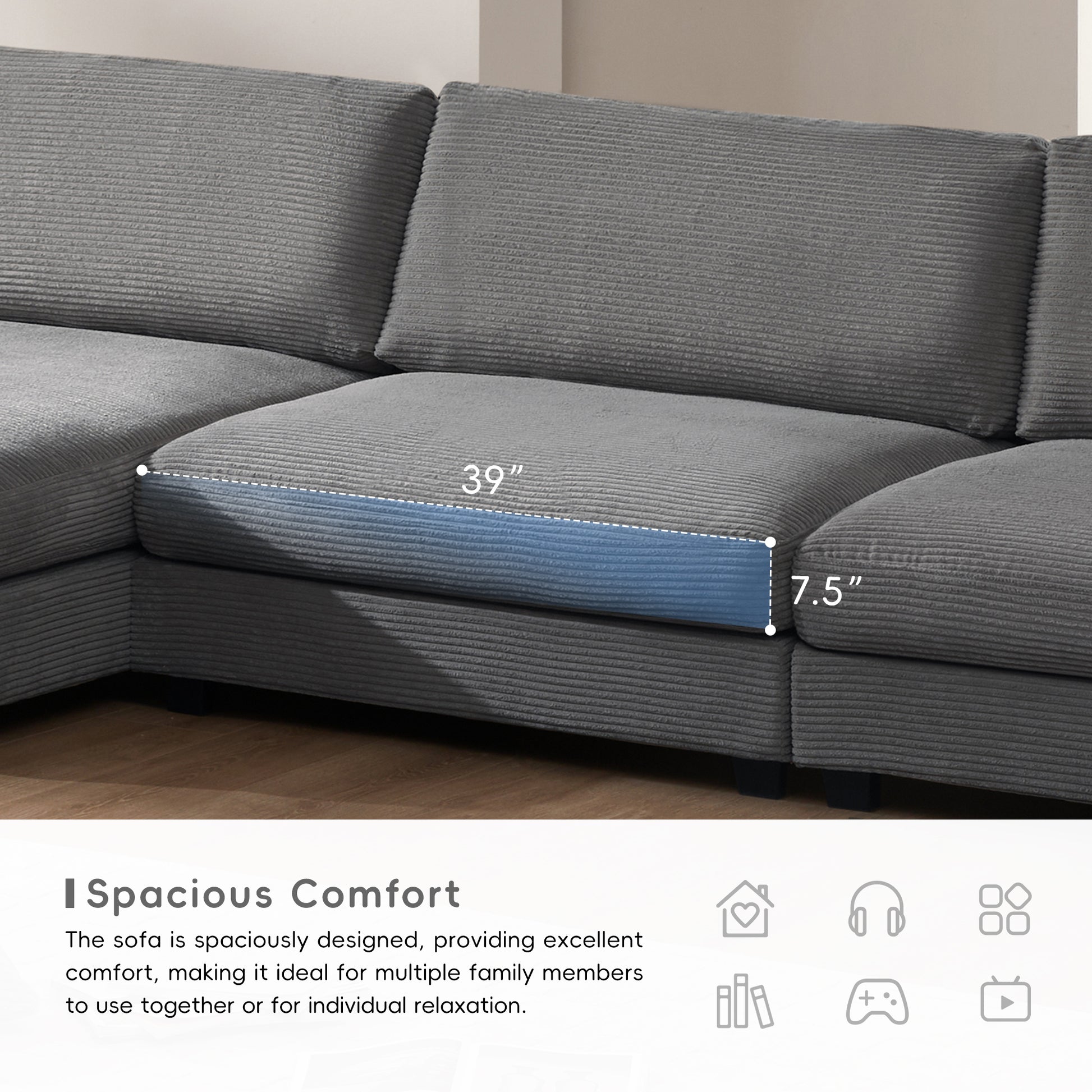 134*54"Oversized Corduroy Sectional Sofa,L Shaped Cloud Couch With Usb Charging Port,Cup Holder,Deep Seat Sofa Bed With 50" Chaise,Comfy Indoor Furniture For Living Room,3 Colors Gray Corduroy 4 Seat