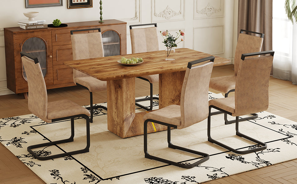 Table And Chair Set. Modern Dining Table With Mdf Top And Beautiful Mdf Legs. Comes With Brown Comfortable Chair With Pu Seat And Metal Legs. Suitable For A Wide Range Of Decorative Styles. Brown,Wood Seats 6 Mdf