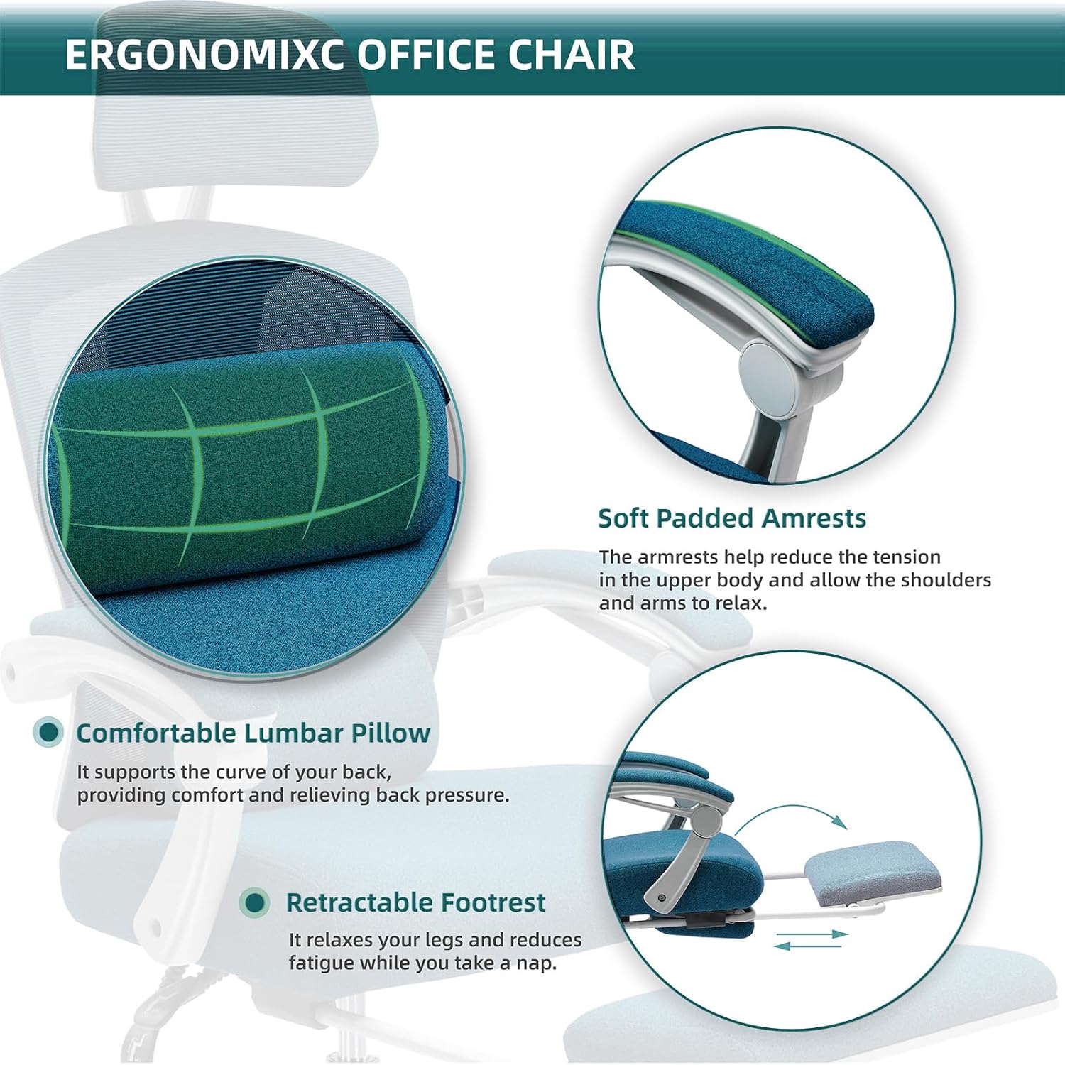 Retractable Footrest Ergonomic Swivel Office Chair With Lumbar Support Pillow And Padded Armrests, Blue Blue Metal