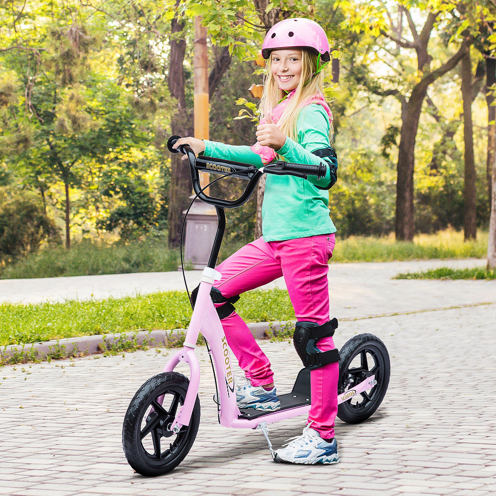 Homcom Kick Scooter For Kids 5 12 Years Old, Big Wheel Kids Scooter With Adjustable Height Handlebar, Non Slip Footplate, Rear Brake, Pink Pink Steel