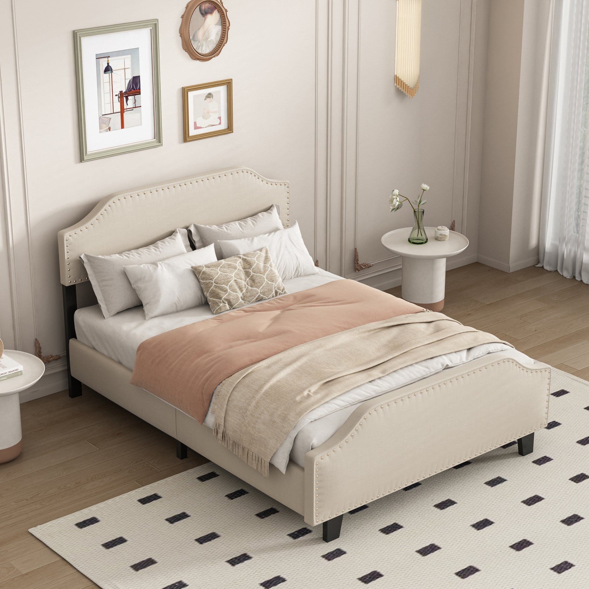 Upholstered Linen Queen Bed Frame, Platform Bed With Curved Shape Headboard And Footboard, Metal Frame With Wood Slat Support, Headboard Height Adjustable, No Box Spring Needed, Light Beige Box Spring Not Required Queen Light Beige Wood Bedroom Bed Frame