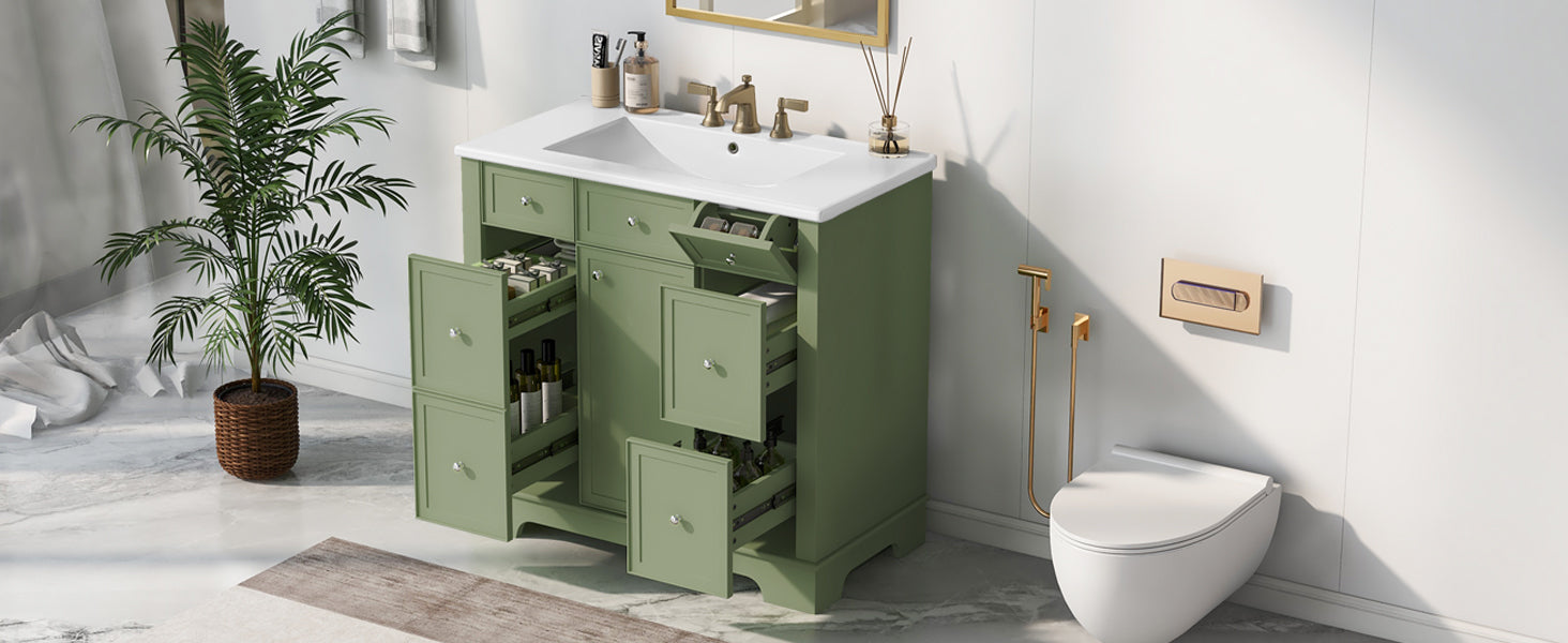 36" Bathroom Vanity With Sink, One Cabinet With Three Drawers And One Flip Drawer, Solid Wood And Mdf Board, Green Green Solid Wood Mdf