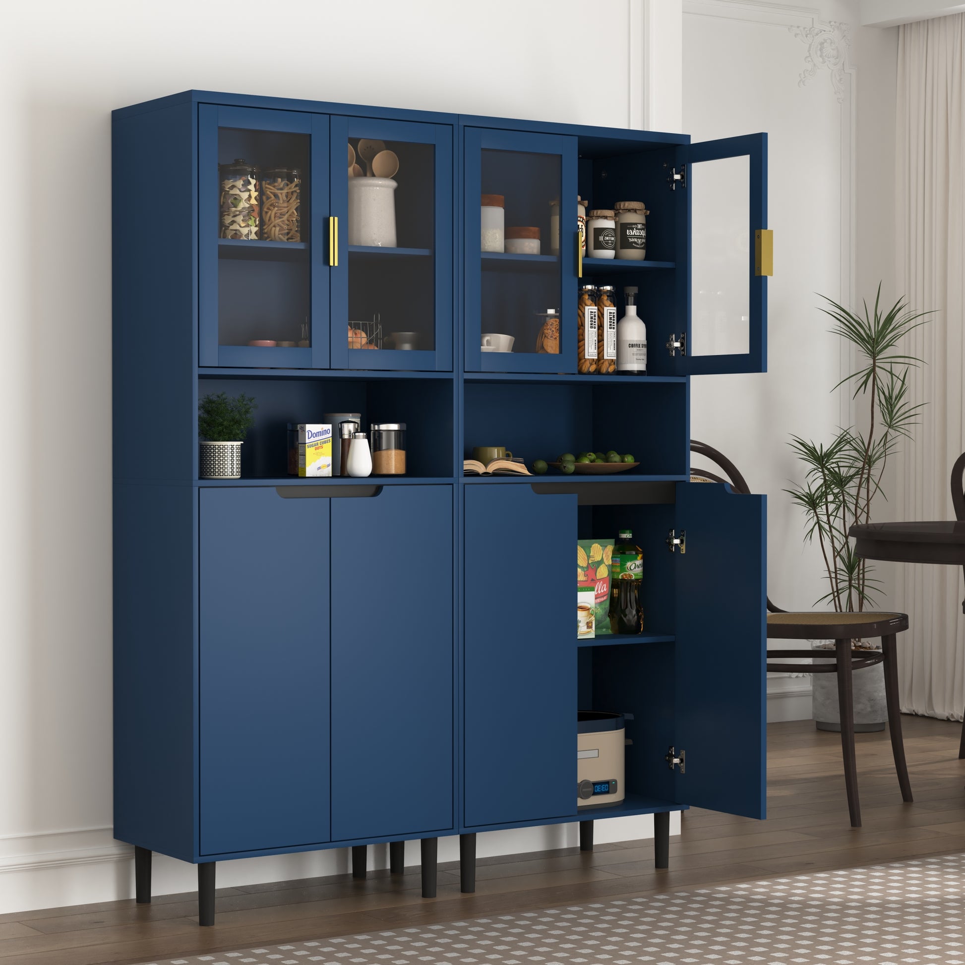 Tall Storage Show Cabinet With 2 Glass Display Door & 2 Doors, Tall Kitchen Pantry Cabinet With Gold Handles, Modern Cabinet Freestanding For Bathroom, Dining Living Room, Blue Blue Mdf