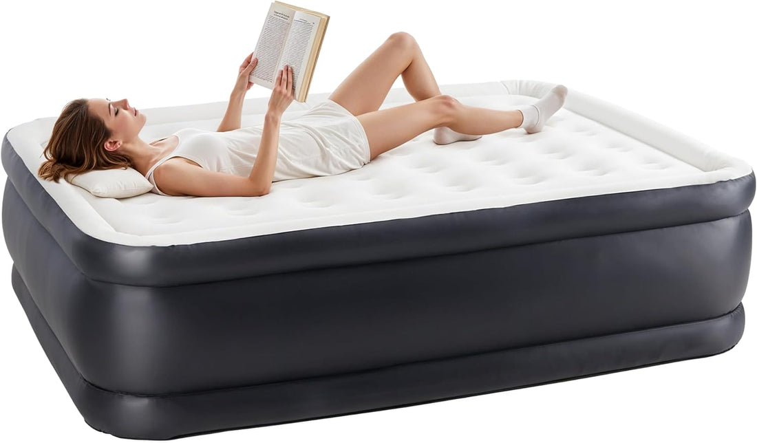 Queen Camping Air Mattress With Built In Electric High Speed Pump, 16" Bed Height, Blow Up Aerobed Inflatable Airbed With Carrying Bag For Home Guests & Travel, Waterproof Foldable Portable Black