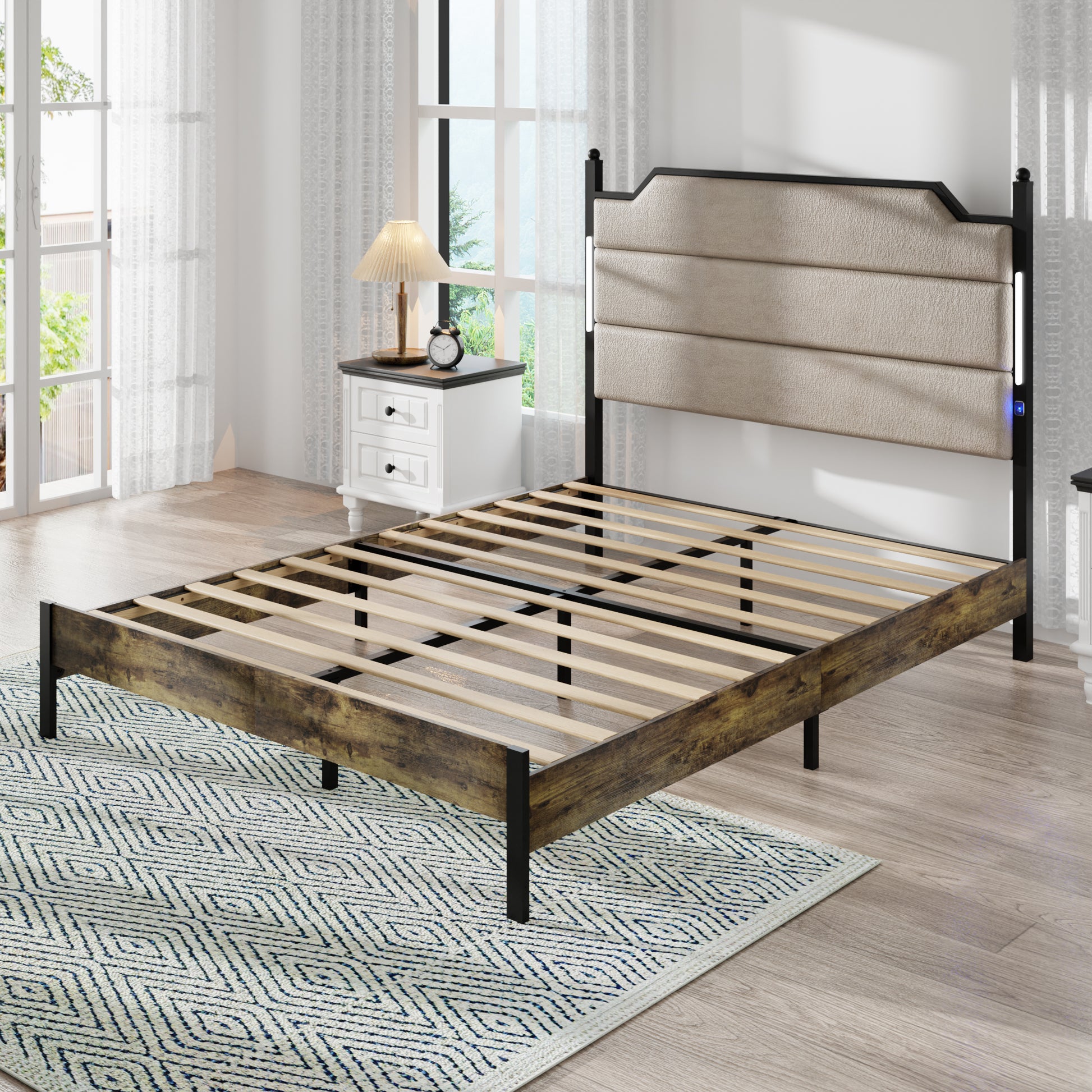 Queen Size Bed Frame With Upholstered Headboardqueen Bed Frame With Charging Station And Led Lights, Wood Slats, Easy Assembly,No Box Spring Needed,Industrial Brown Box Spring Not Required Queen