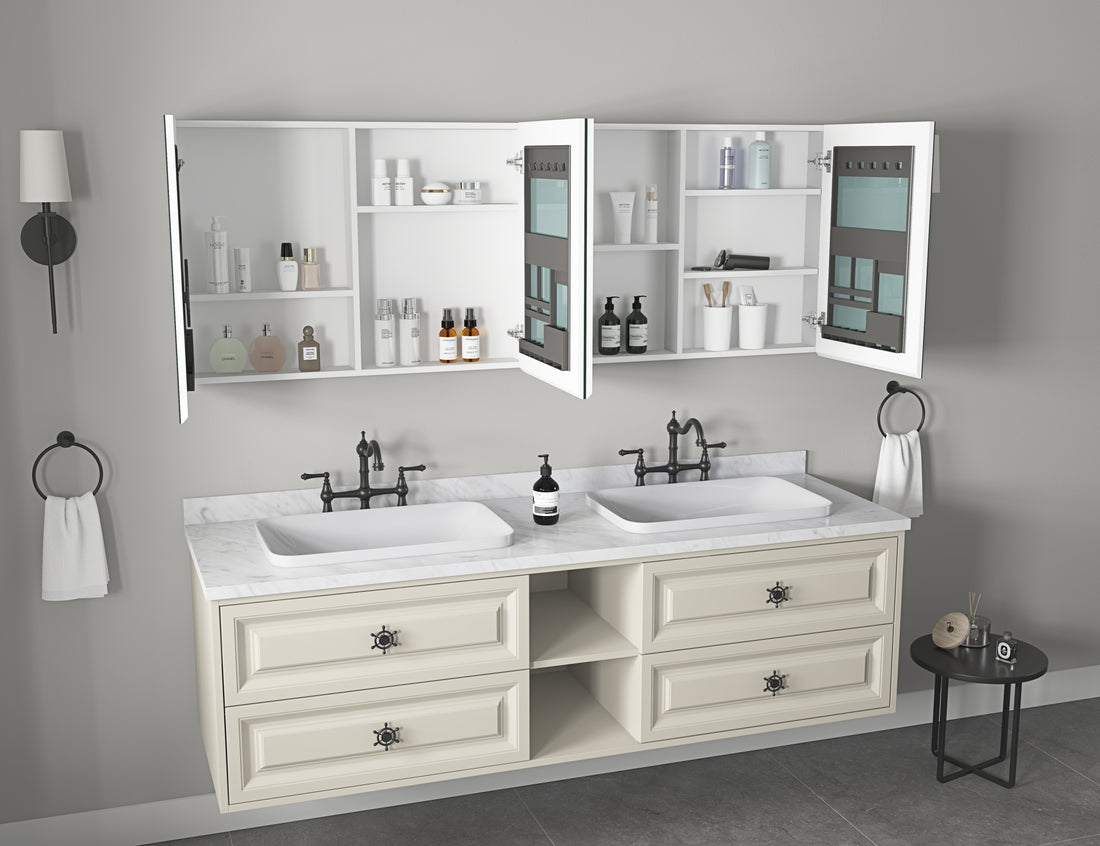 72'' W X 26'' H Surface Frameless Mirror Medicine Cabinet, Beveled Mirror Edges Bathroom Medicine Cabinet White Engineered Wood