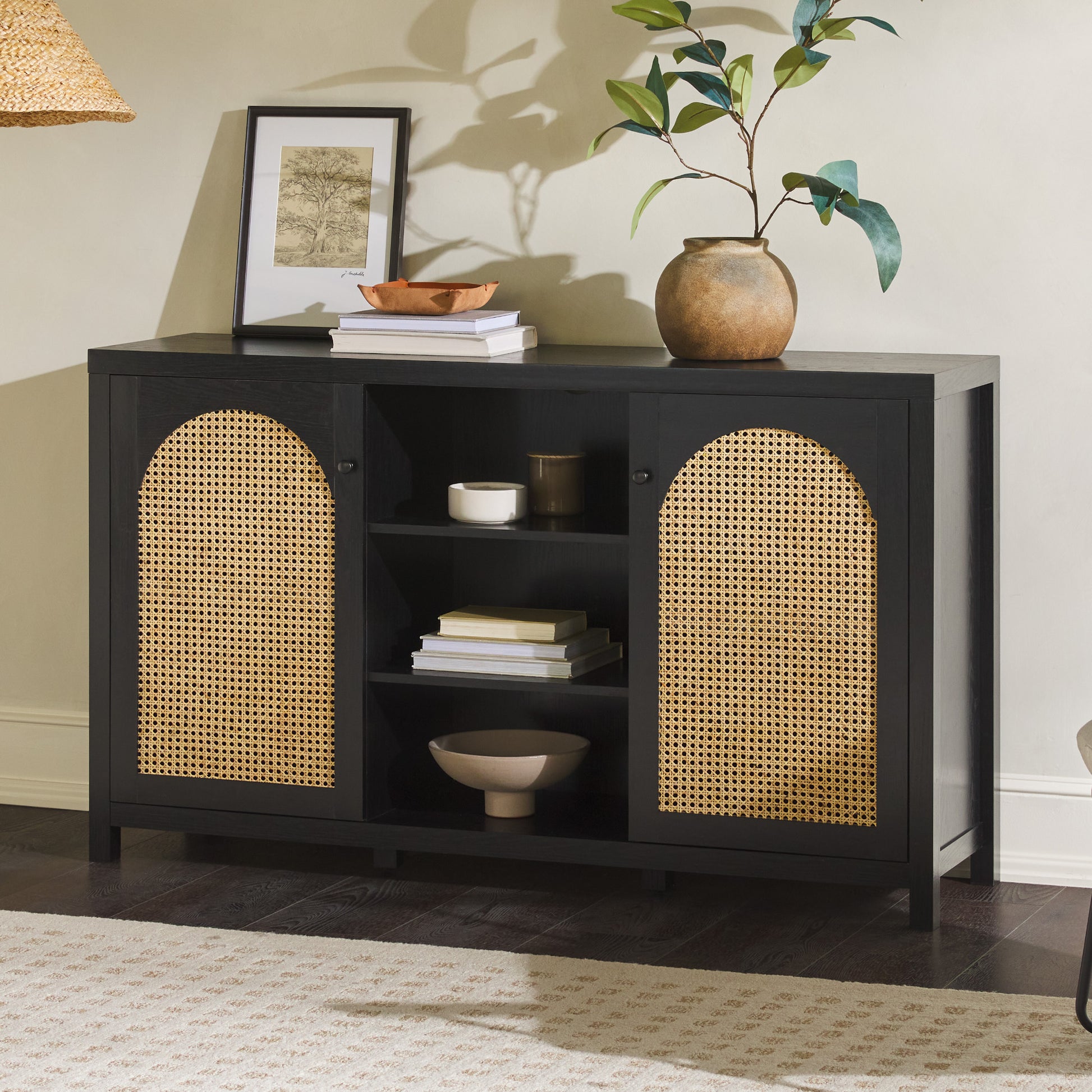 Transitional 58" 2 Door Sideboard With Arched Rattan Panels, Black Black Mdf Mdf