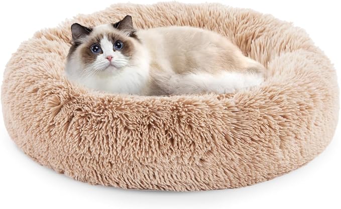 20 Inch Donut Dog Bed, Calming Bed For Dogs, Brown Cat Bed Washable, Round Dog Donut Bed Washable, Plush Fur Dog Bed, Dog Cuddle Bed Brown Faux Fur