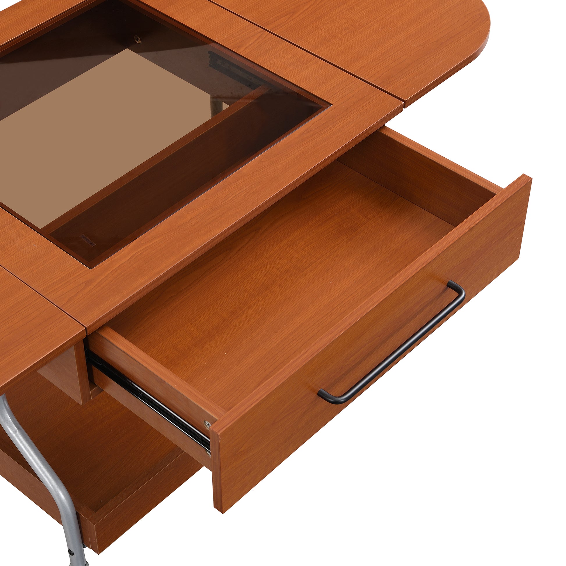 Modern Extended Coffee Table With Wheels, Folding Coffee Table With 1 Drawer And 2 Tier Storage, Metal Frame Coffee Table For Living Room Mahogany Glass,Mdf Metal