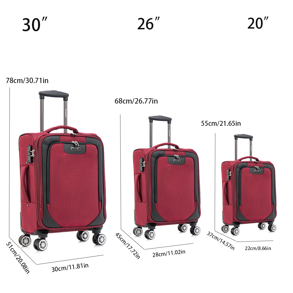 3 Piece Lightweight And Stylish Travel Suitcase 20 Inches, 26 Inches, 30 Inches. Durable And Easy To Carry Design, Ergonomic Interior For Both Men And Women.Wine Red Wine Red Fabric