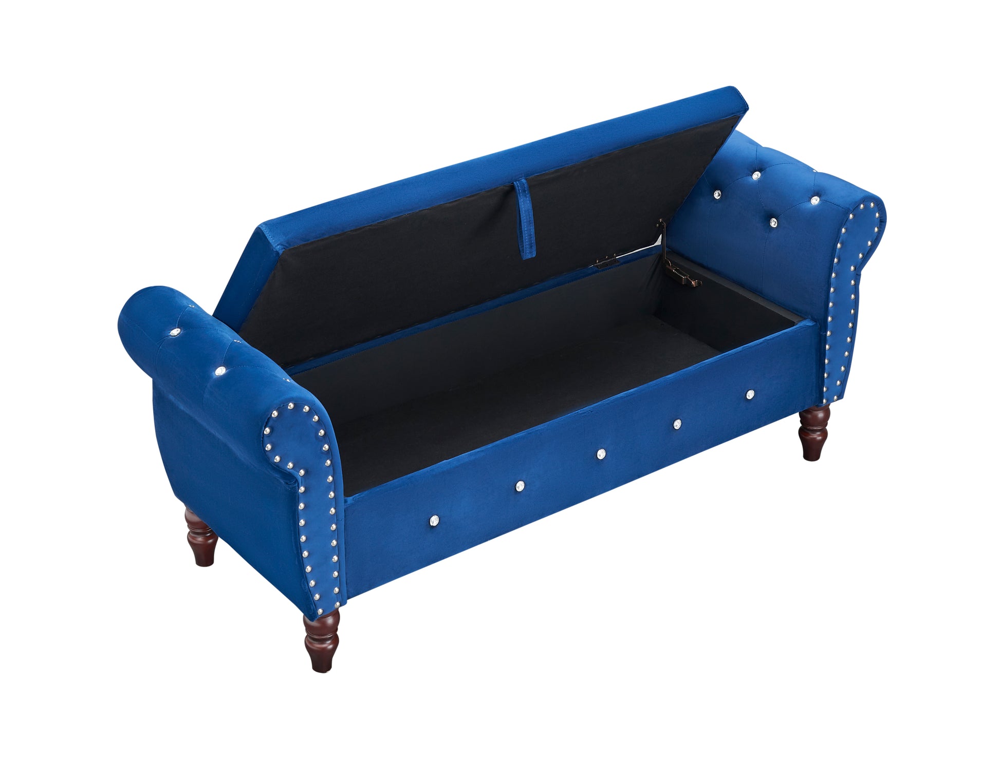 63.38"Velvet Multifunctional Storage Rectangular Ottoman Bench Comes With Crystal Buckle Solid Wood Legs With 1 Pillow,Blue Blue Velvet