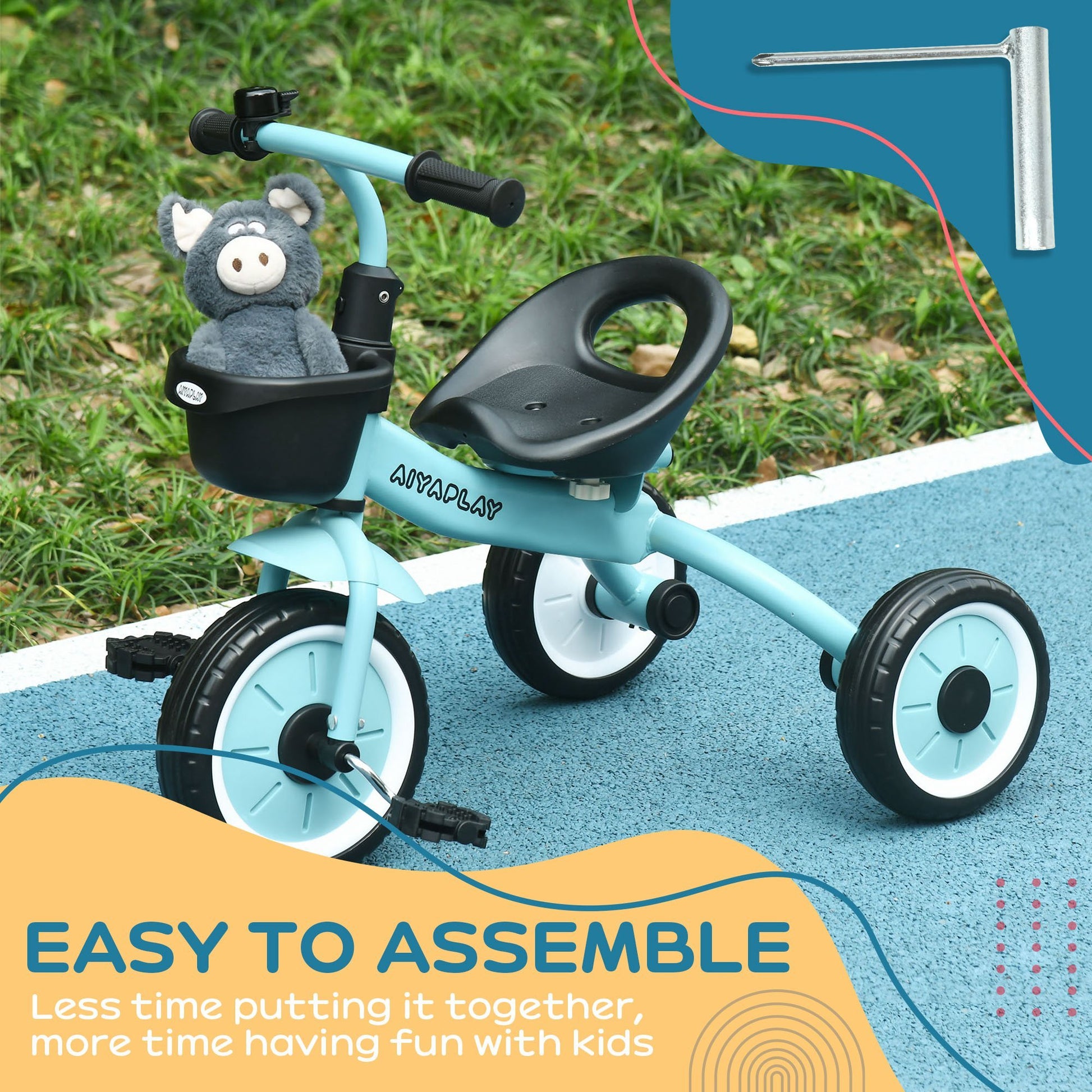 Qaba Kids Tricycle For Toddlers Age 2 5 With Adjustable Seat, Toddler Bike For Children With Basket, Bell, Handlebar Grips, Blue Blue Metal