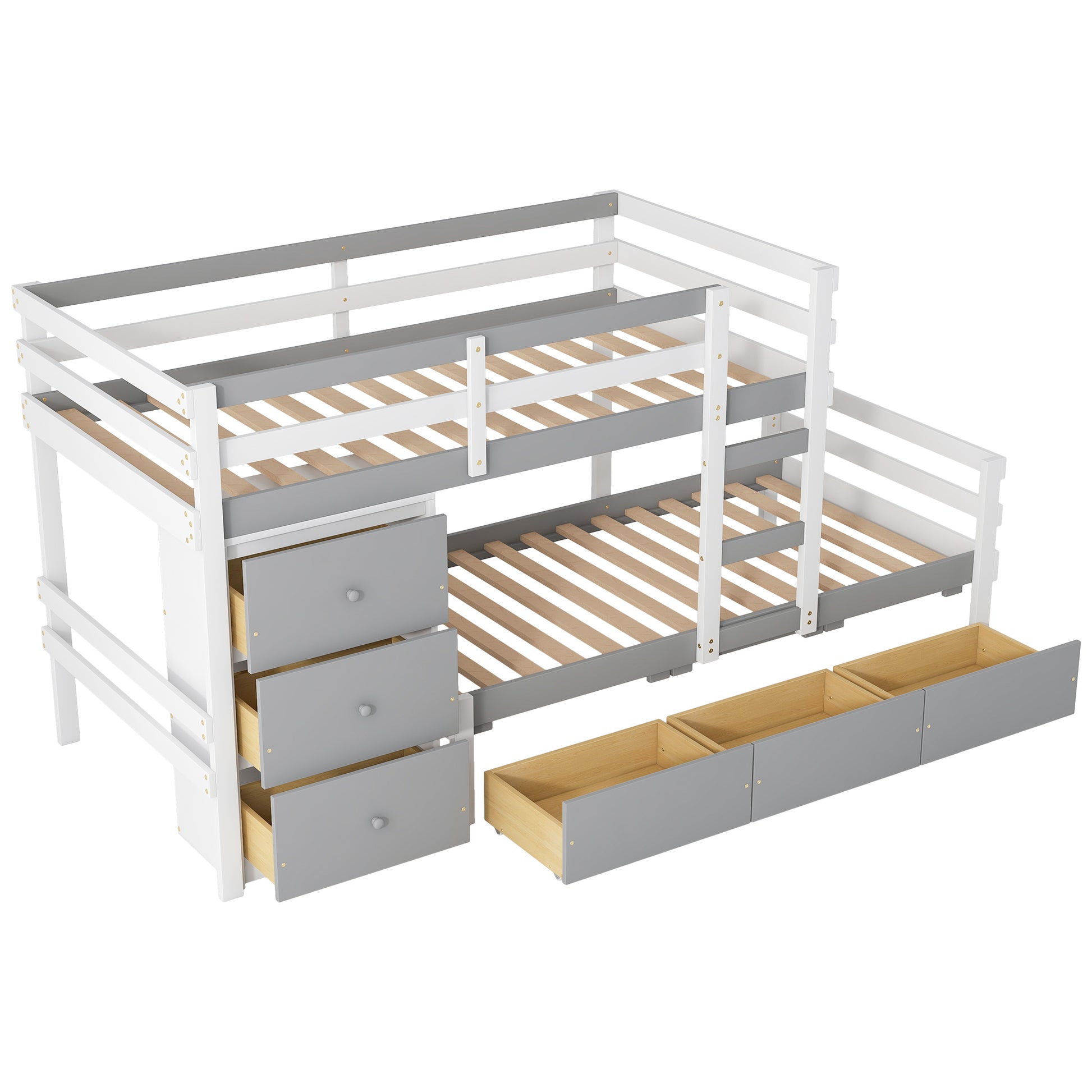 Twin Over Twin Loft Bunk Bed With Drawers And Ladder, Gray Twin Gray Pine