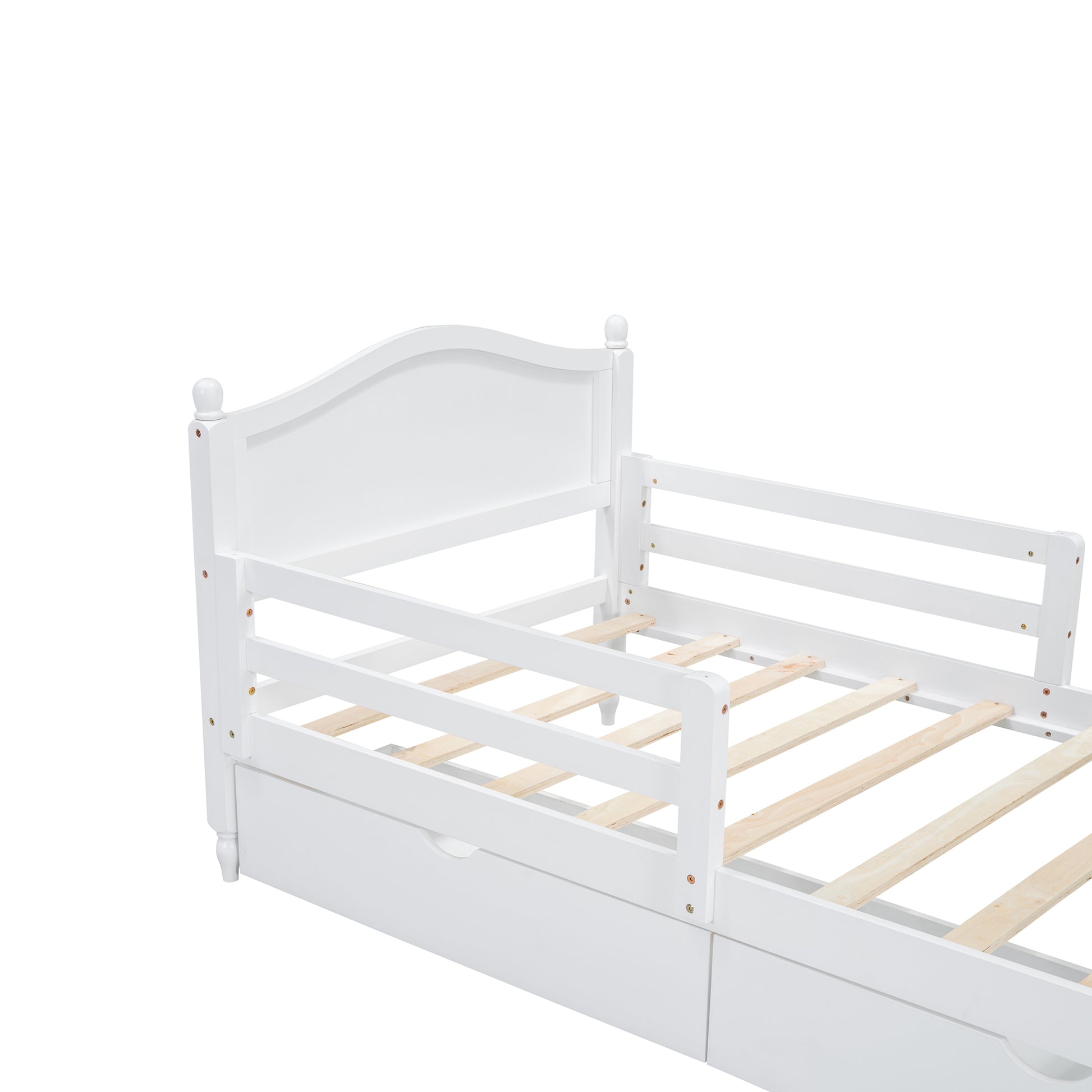 Twin Size Wood Platform Bed With Guardrails On Both Sides And Two Storage Drawers ,White Twin White Wood