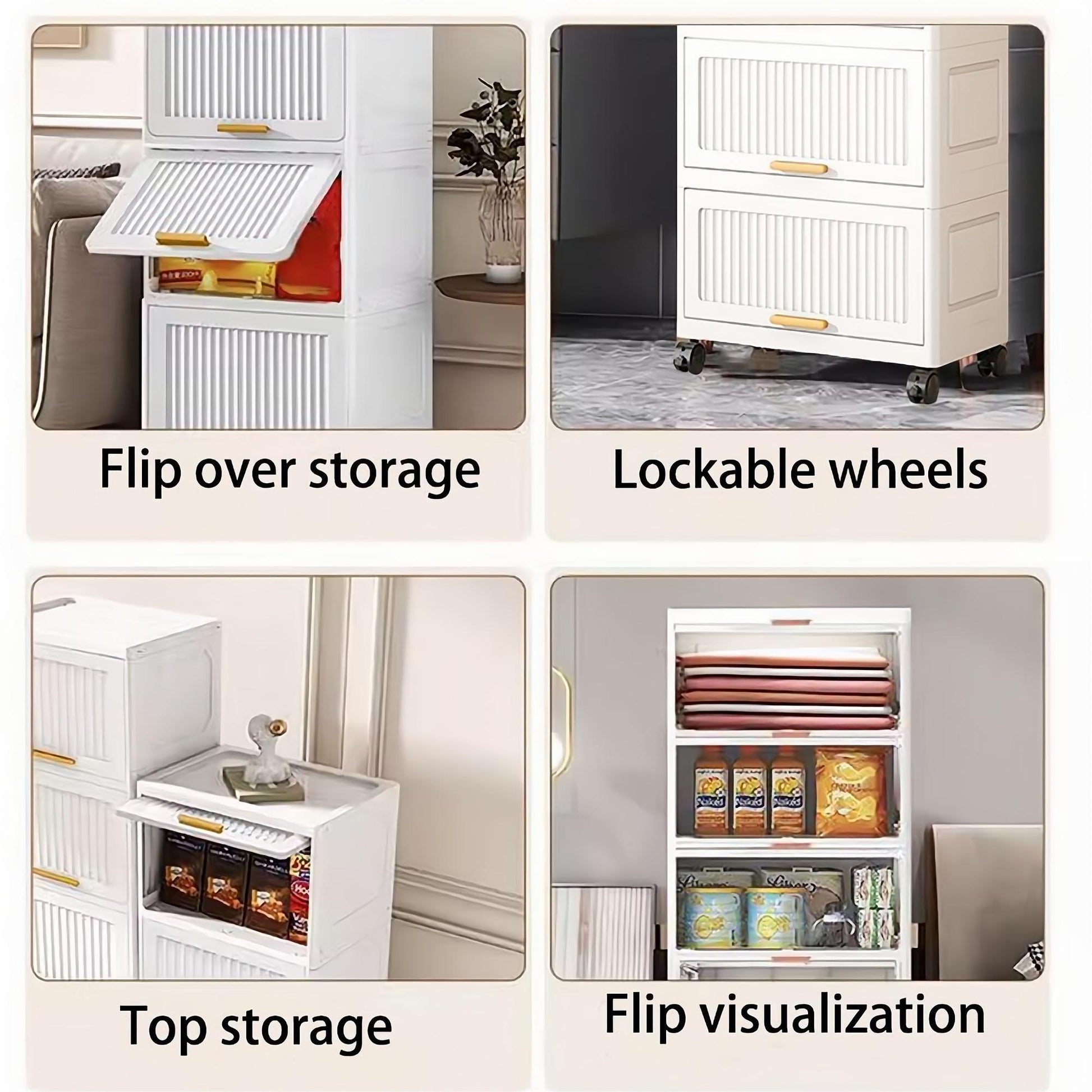 15.75" Side Wide 4 Layers Flip Open Storage Box With Wheels, Movable Storage Cabinet, Kitchen Shelf, Movable Storage Island, Home Organization, Wardrobe Storage Box White Plastic