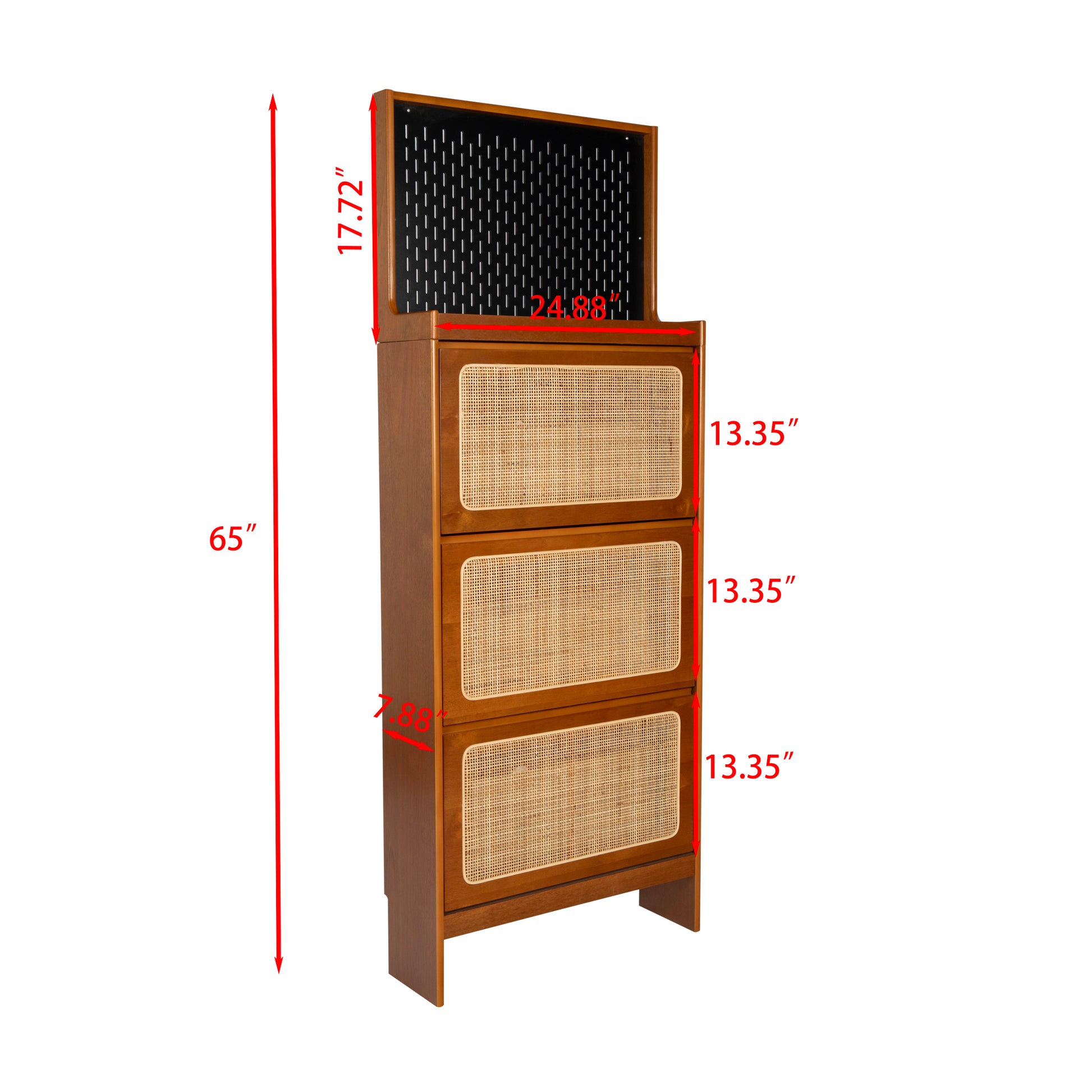 Rattan Shoe Cabinet For Entryway, Free Standing Shoe Rack With 3 Flip Drawers & Black Pegboard, Hidden Narrow Shoe Cabinet For Entrance Hallway, 24.88"W X 7.88" D X 65"H Walnut Mdf